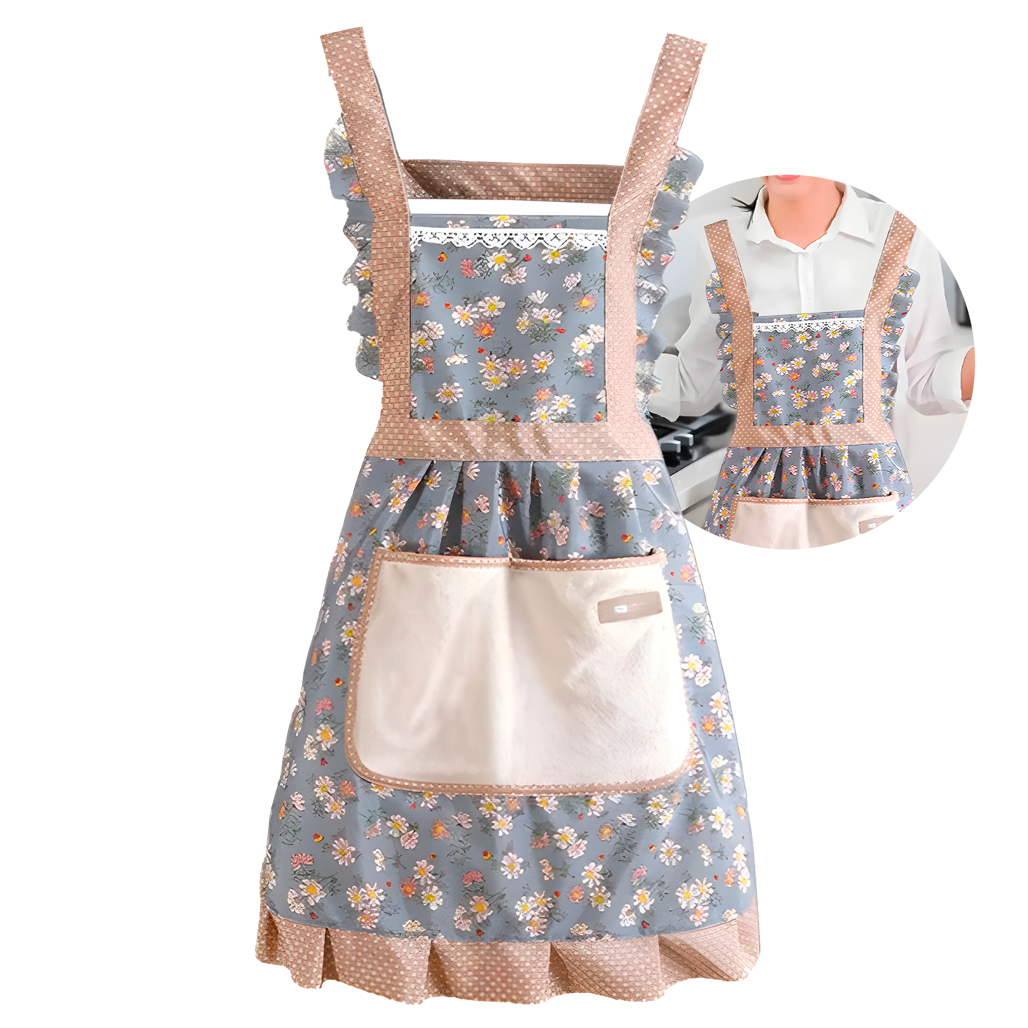 Delantal Pechera Cocina Azul Mujer Bolsillos Estampado Floral 10