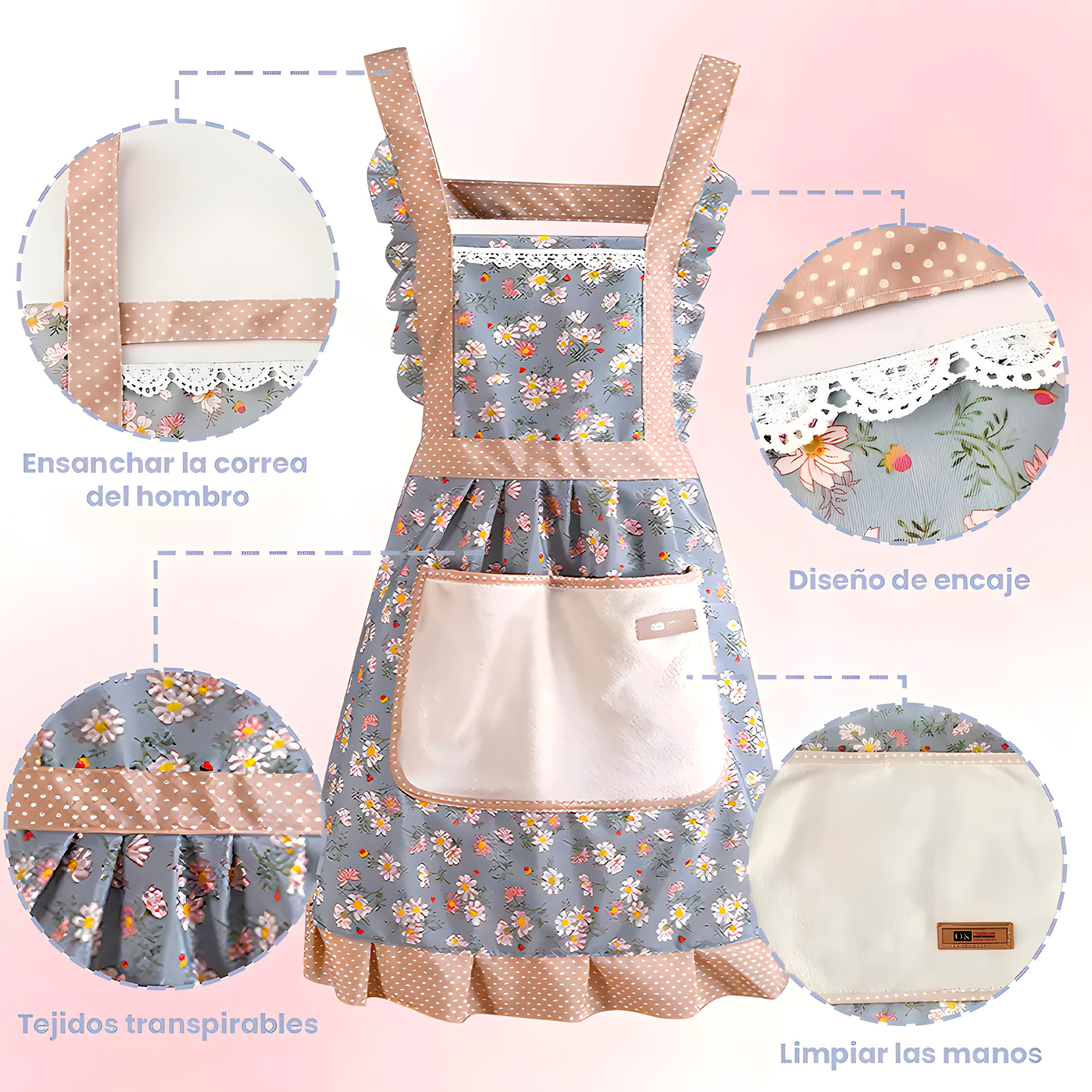 Delantal Pechera Cocina Azul Mujer Bolsillos Estampado Floral 11
