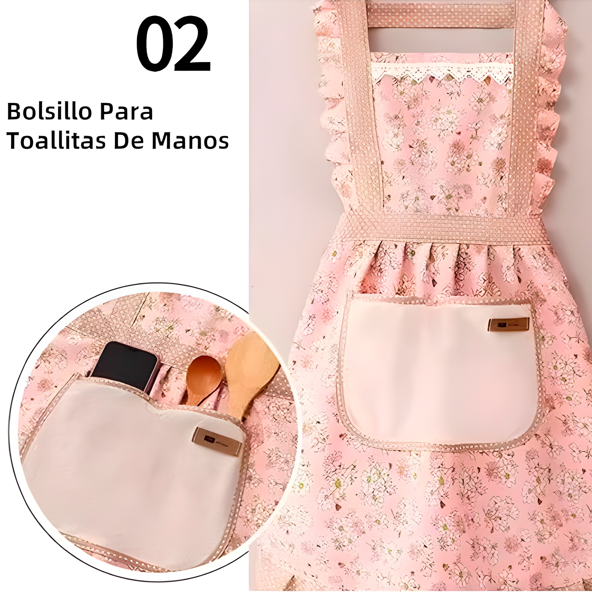 Delantal Pechera Cocina Azul Mujer Bolsillos Estampado Floral 7