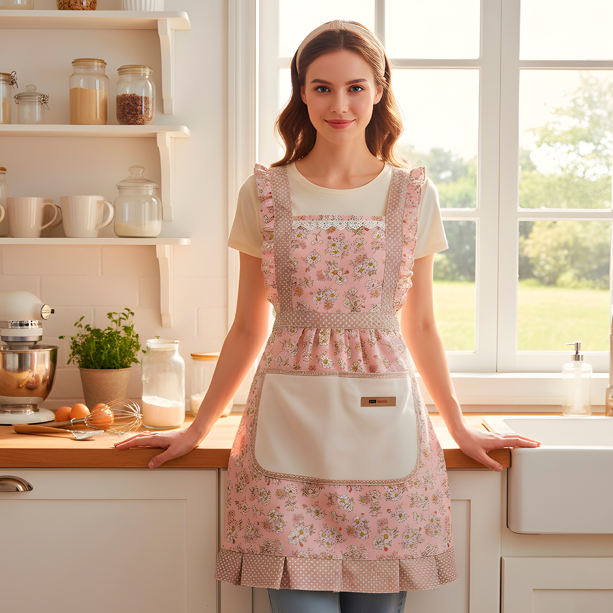 Delantal Pechera Cocina Azul Mujer Bolsillos Estampado Floral 19