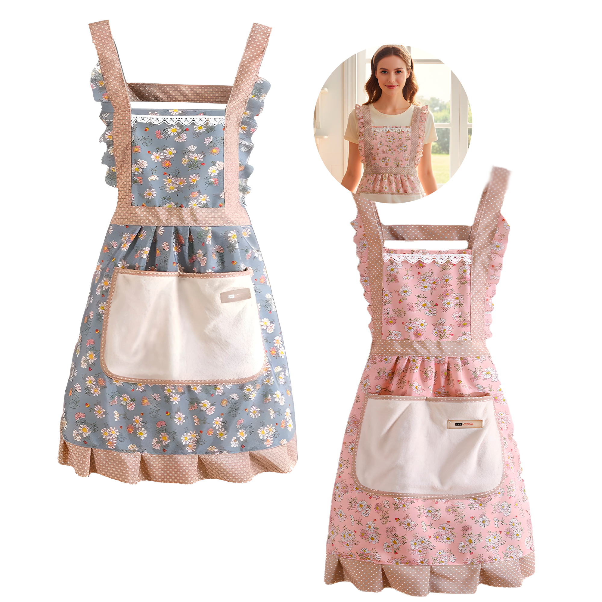 Delantal Pechera Cocina Azul Mujer Bolsillos Estampado Floral 1