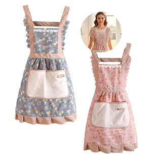 Delantal Pechera Cocina Azul Mujer Bolsillos Estampado Floral