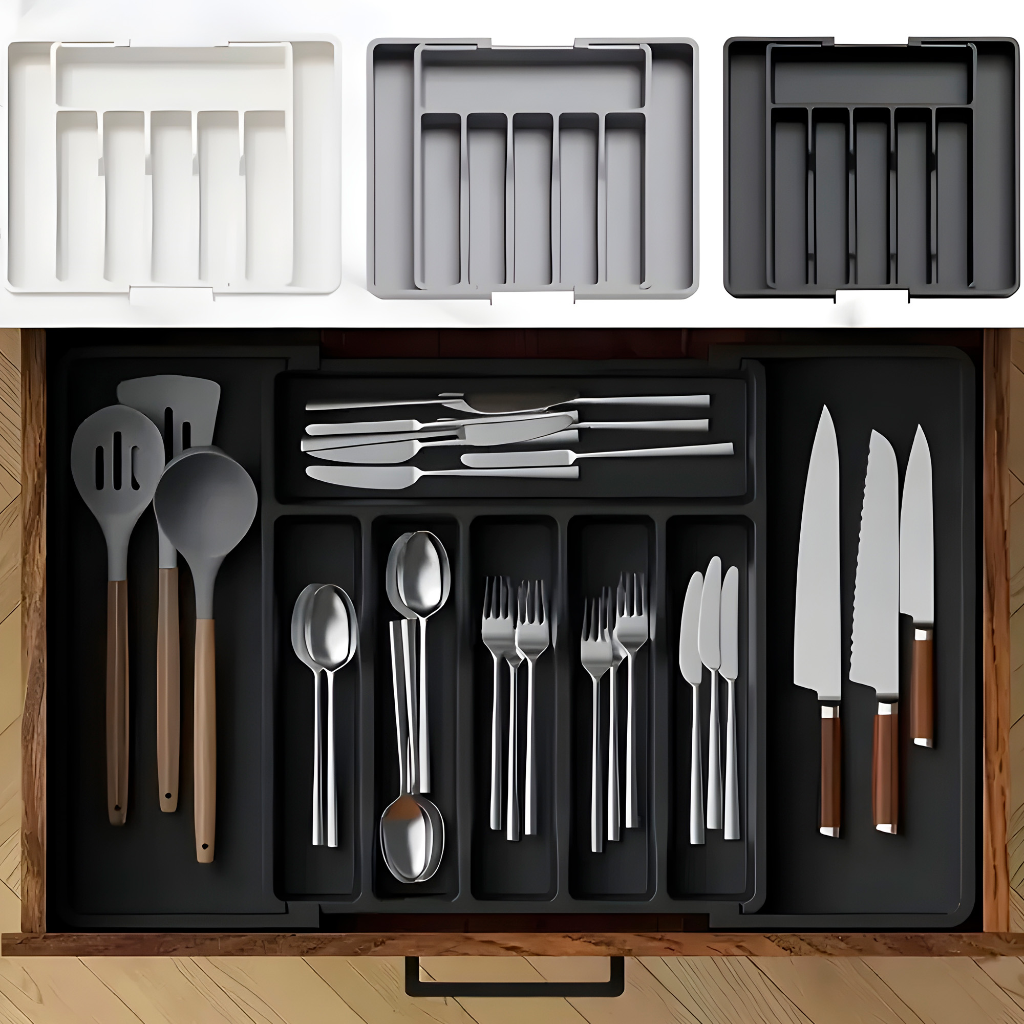 Cubertero Organizador Extensible Cubiertos Negro Cocina 8 Cajones 4