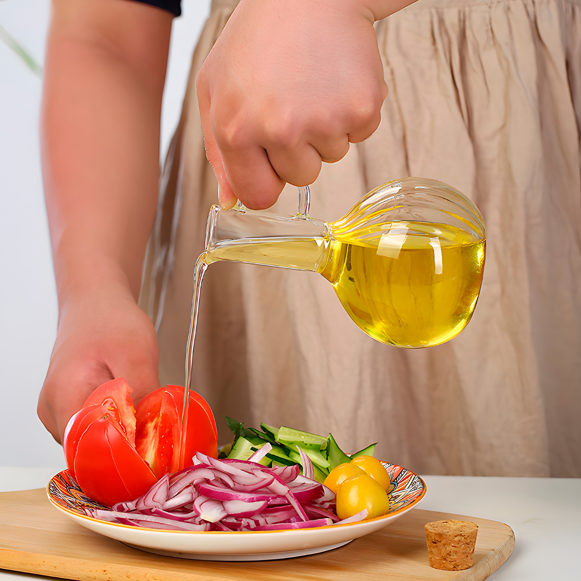 Set Aceitero Dispensadores Aceite Soja y Vinagre Vidrio Tapa Bambú 7