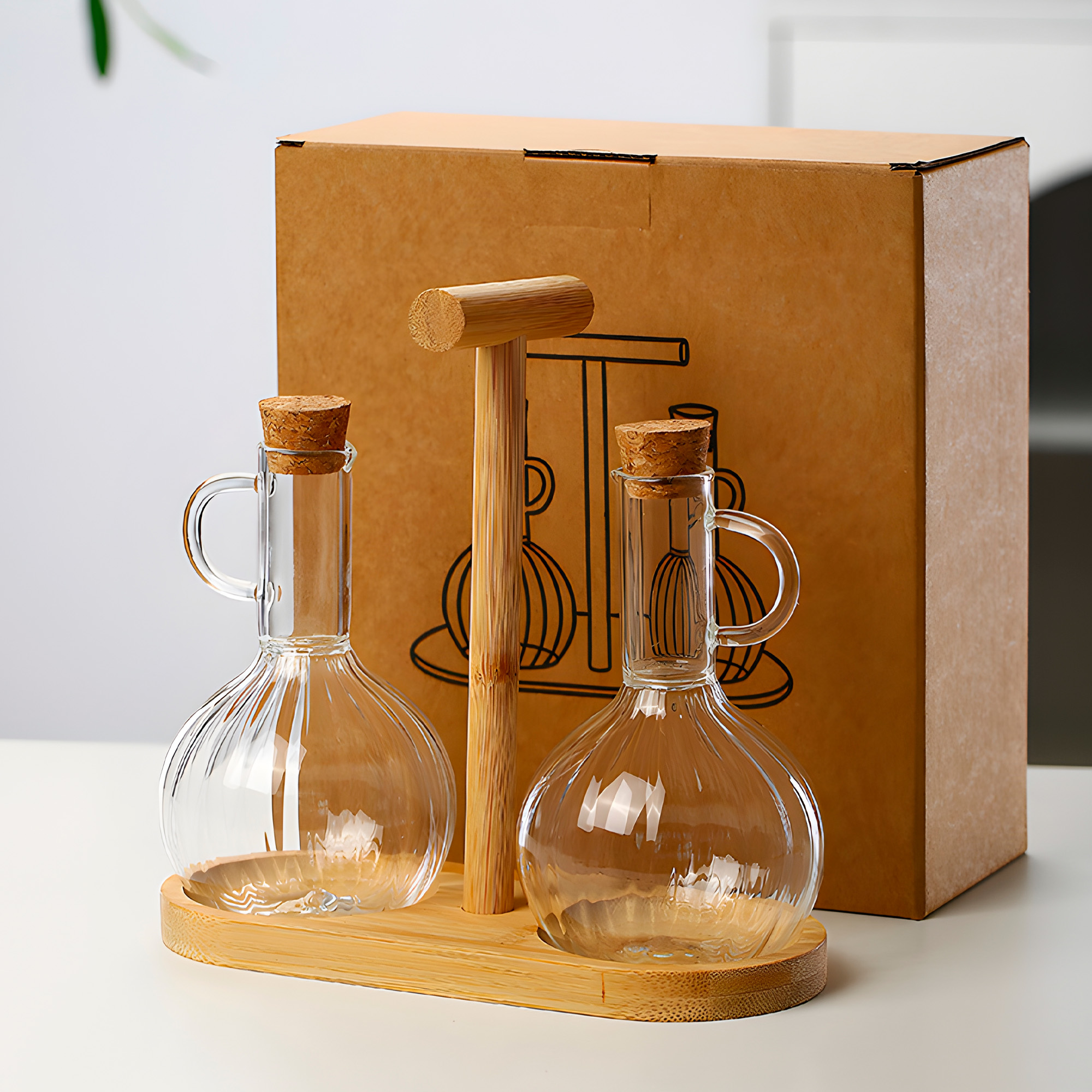 Set Aceitero Dispensadores Aceite Soja y Vinagre Vidrio Tapa Bambú 9