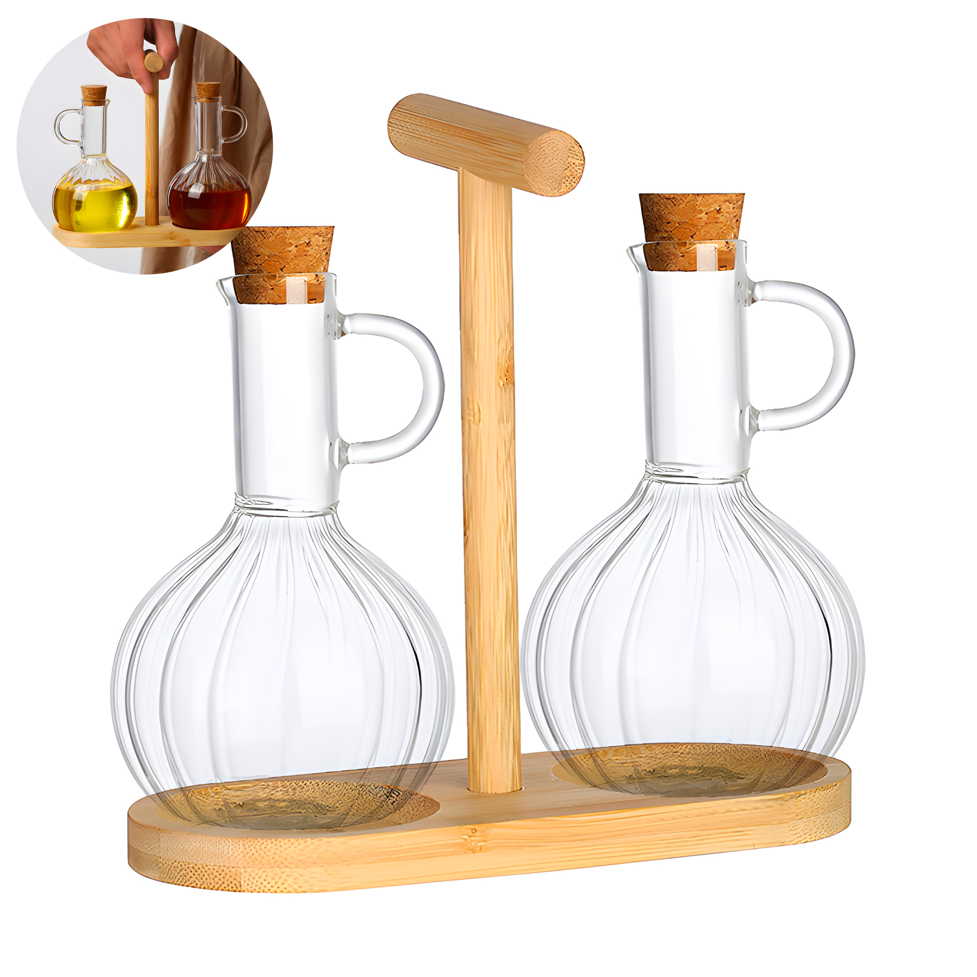 Set Aceitero Dispensadores Aceite Soja y Vinagre Vidrio Tapa Bambú 1