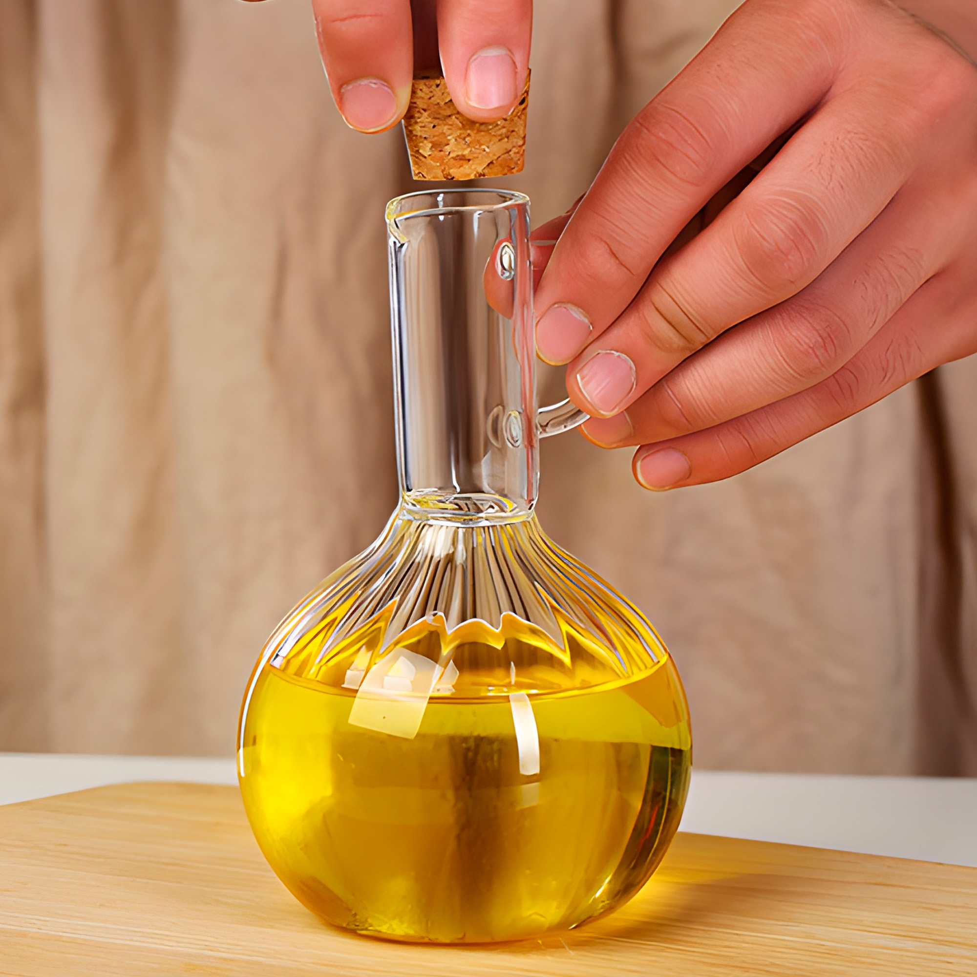 Set Aceitero Dispensadores Aceite Soja y Vinagre Vidrio Tapa Bambú 10