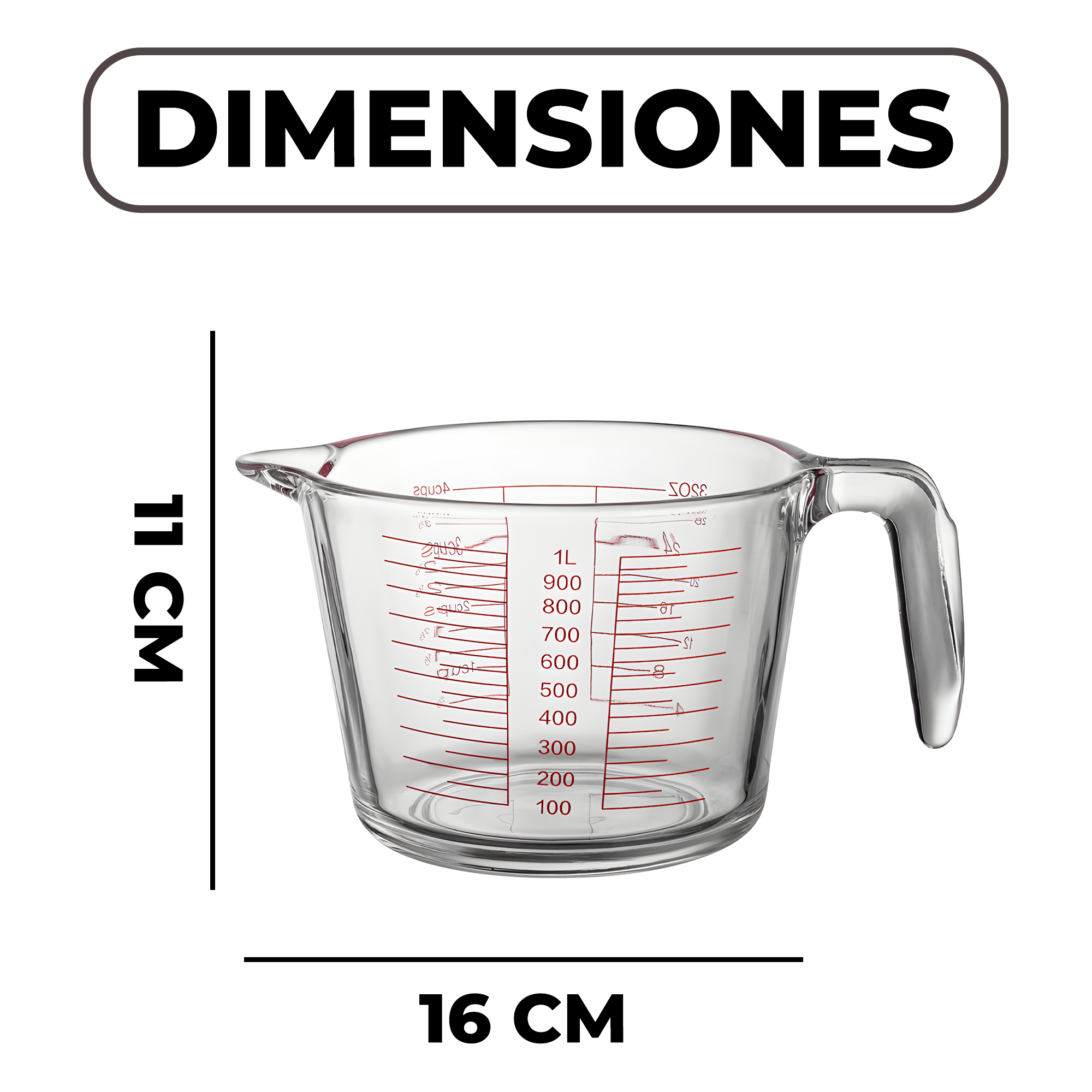 Taza Medidora 1000 ML Cocina Vidrio Engrosado Transparente 2