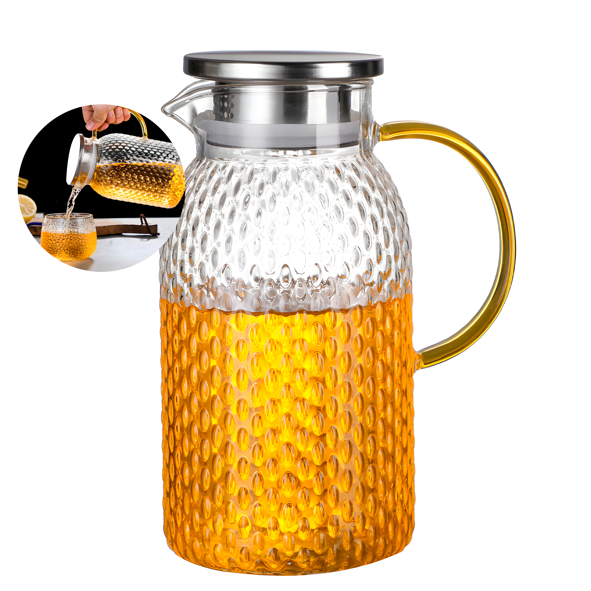 Jarra de Vidrio 1.9L Servir Te Jugo Bebida Agua Tapa Acero 1