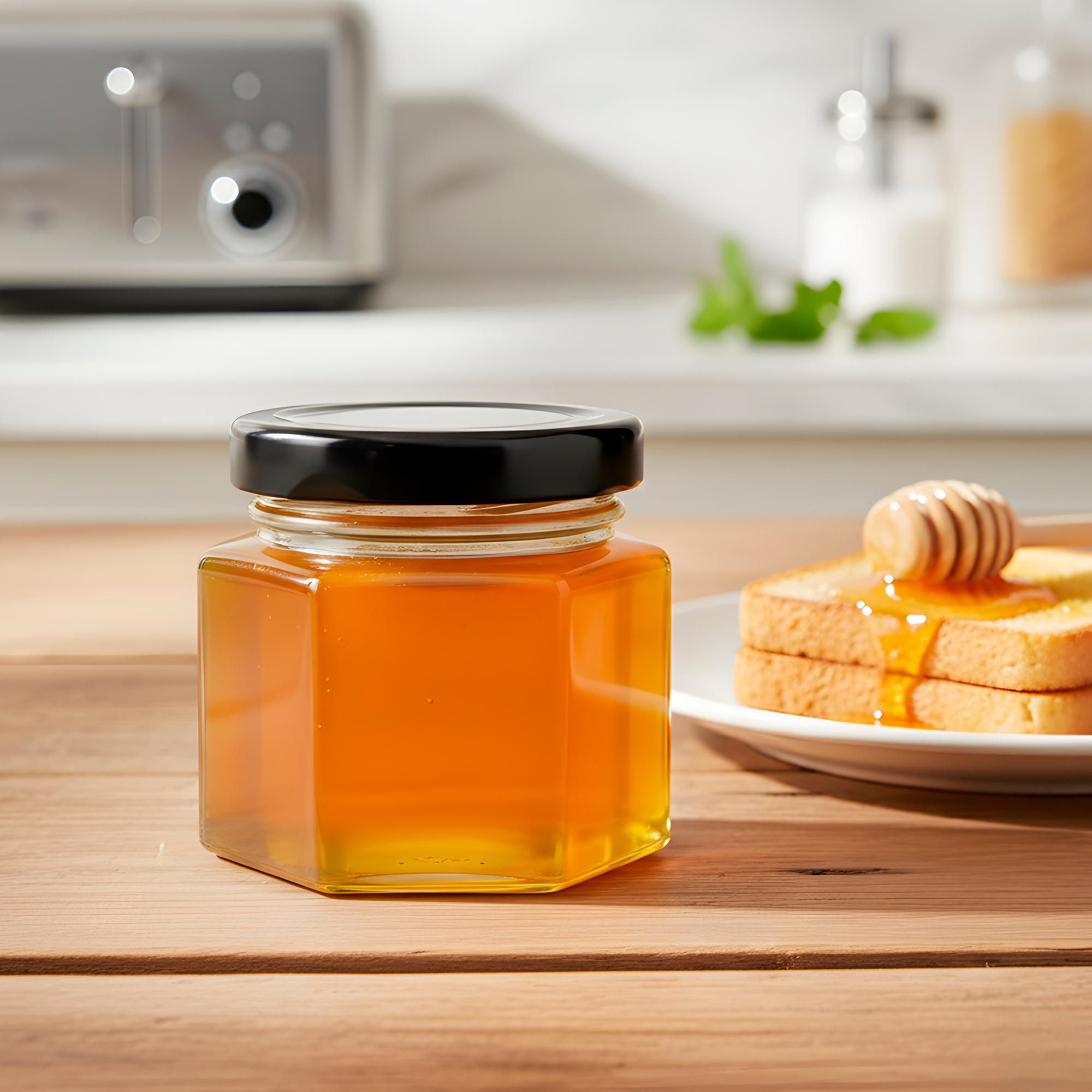 Frasco Vidrio Hexagonal Miel Salsas 50ML Mermelada Tapa Aluminio 6