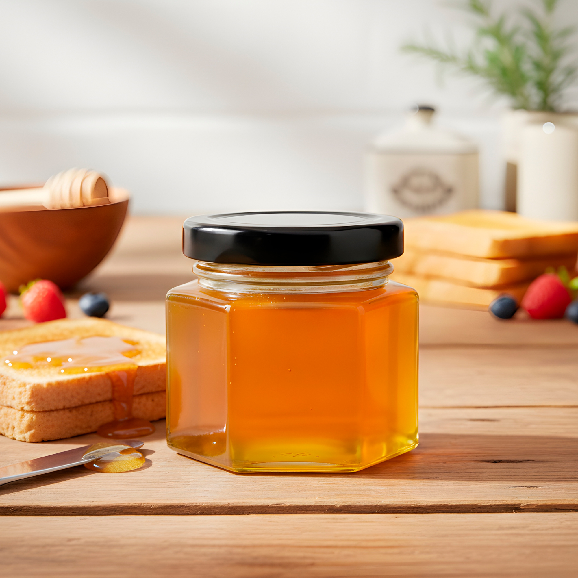 Frasco Vidrio Hexagonal Miel Salsas 50ML Mermelada Tapa Aluminio 9