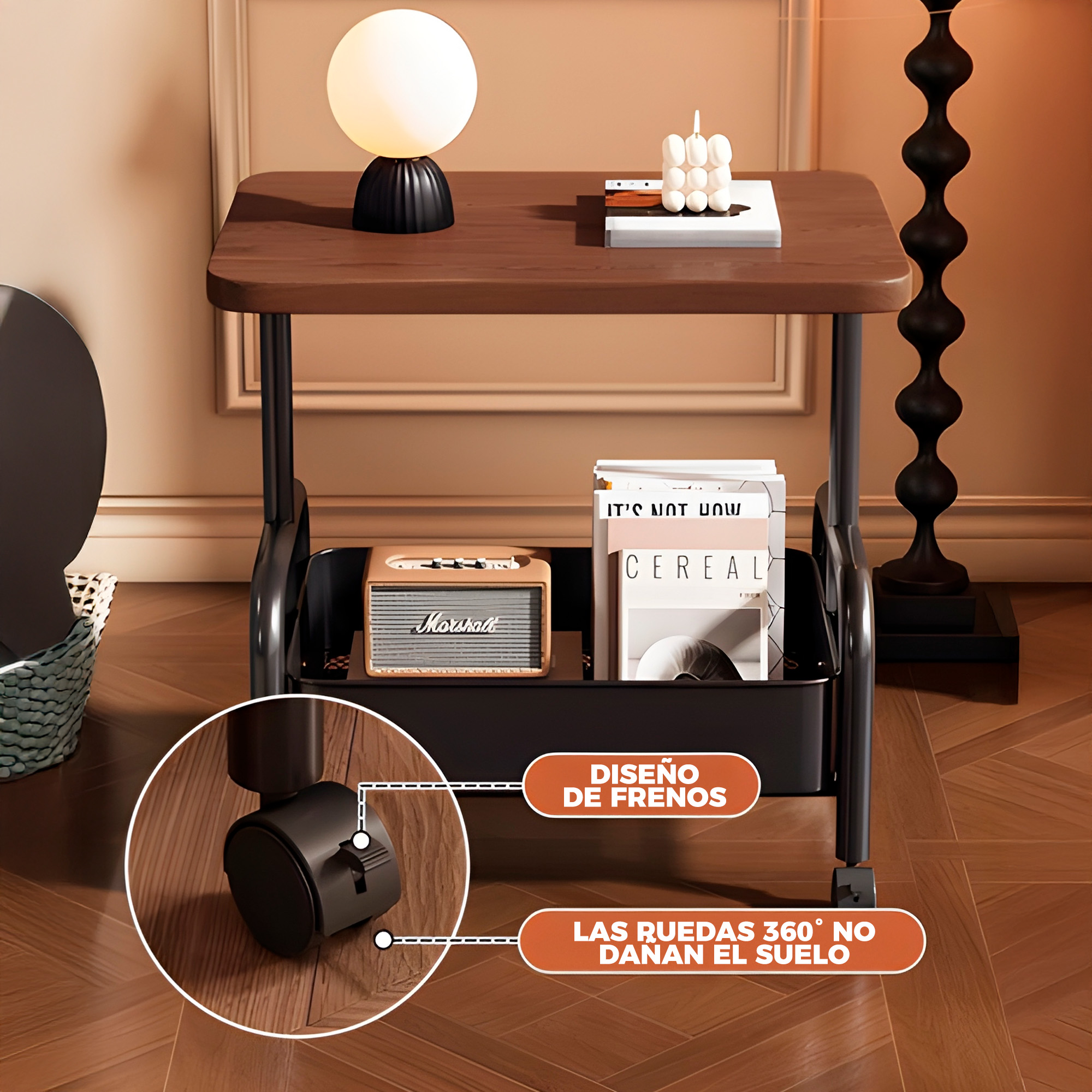 Carrito 2 Niveles Rodante Almacenamiento Tablero Madera 4