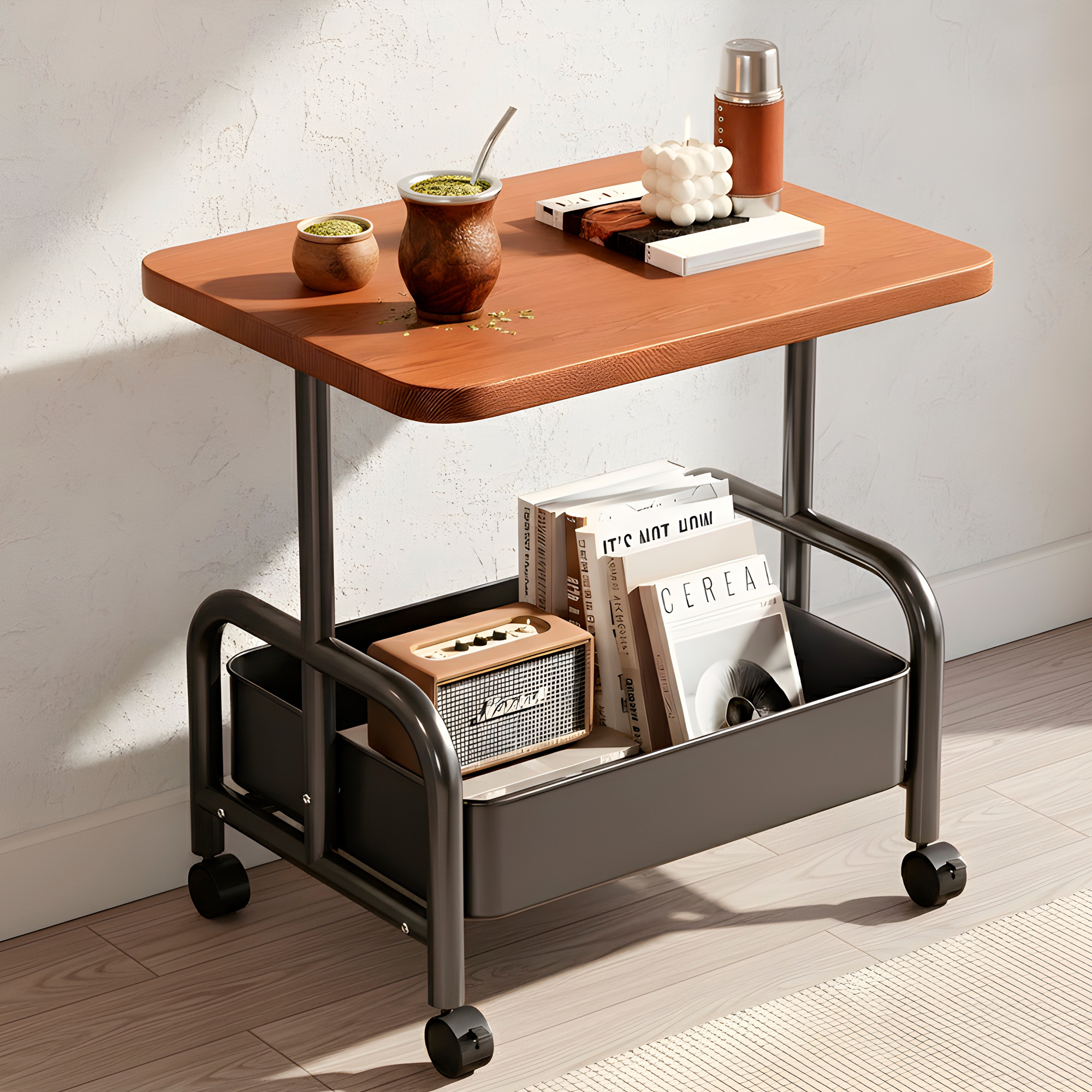 Carrito 2 Niveles Rodante Almacenamiento Tablero Madera 7