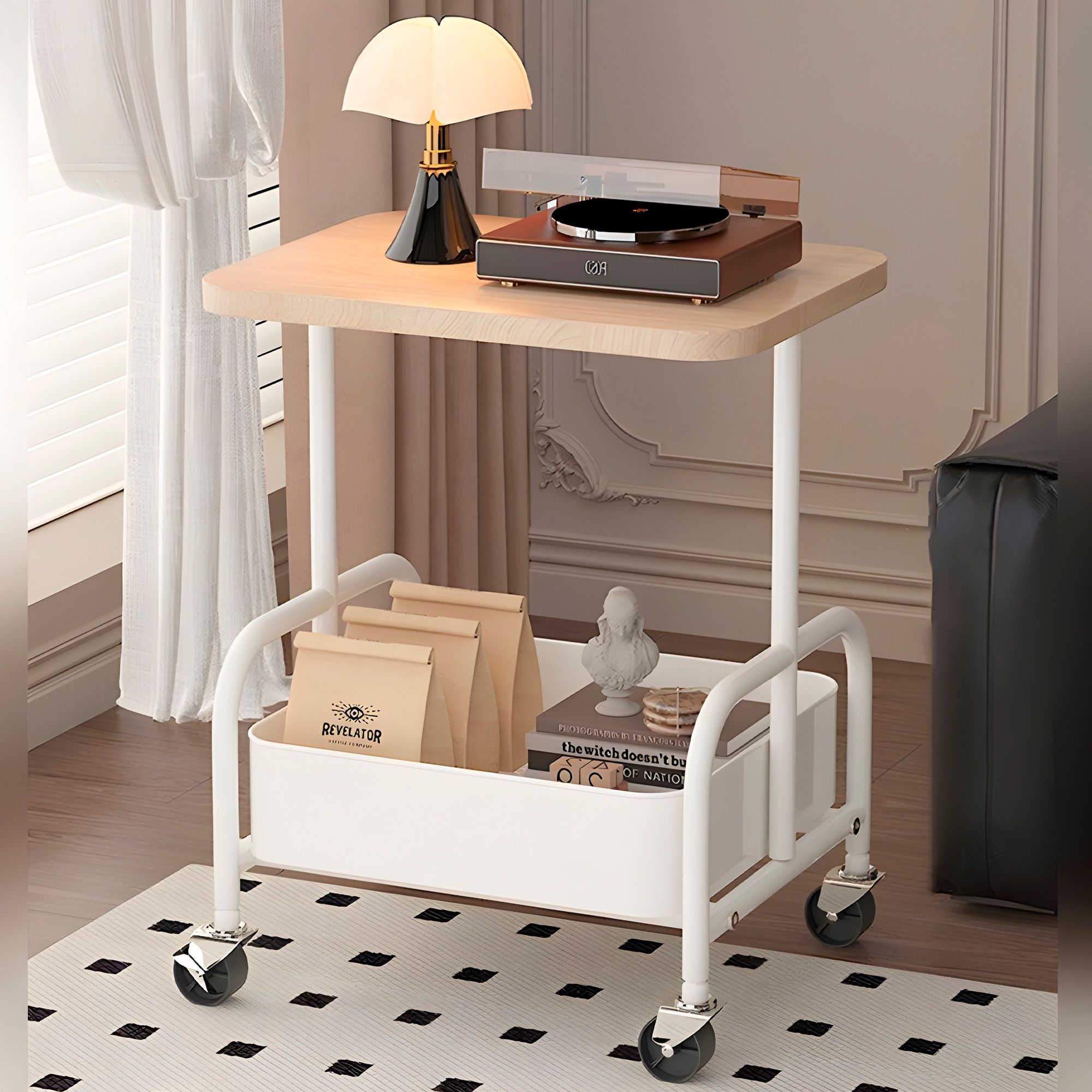 Carrito 2 Niveles Rodante Almacenamiento Tablero Madera 16