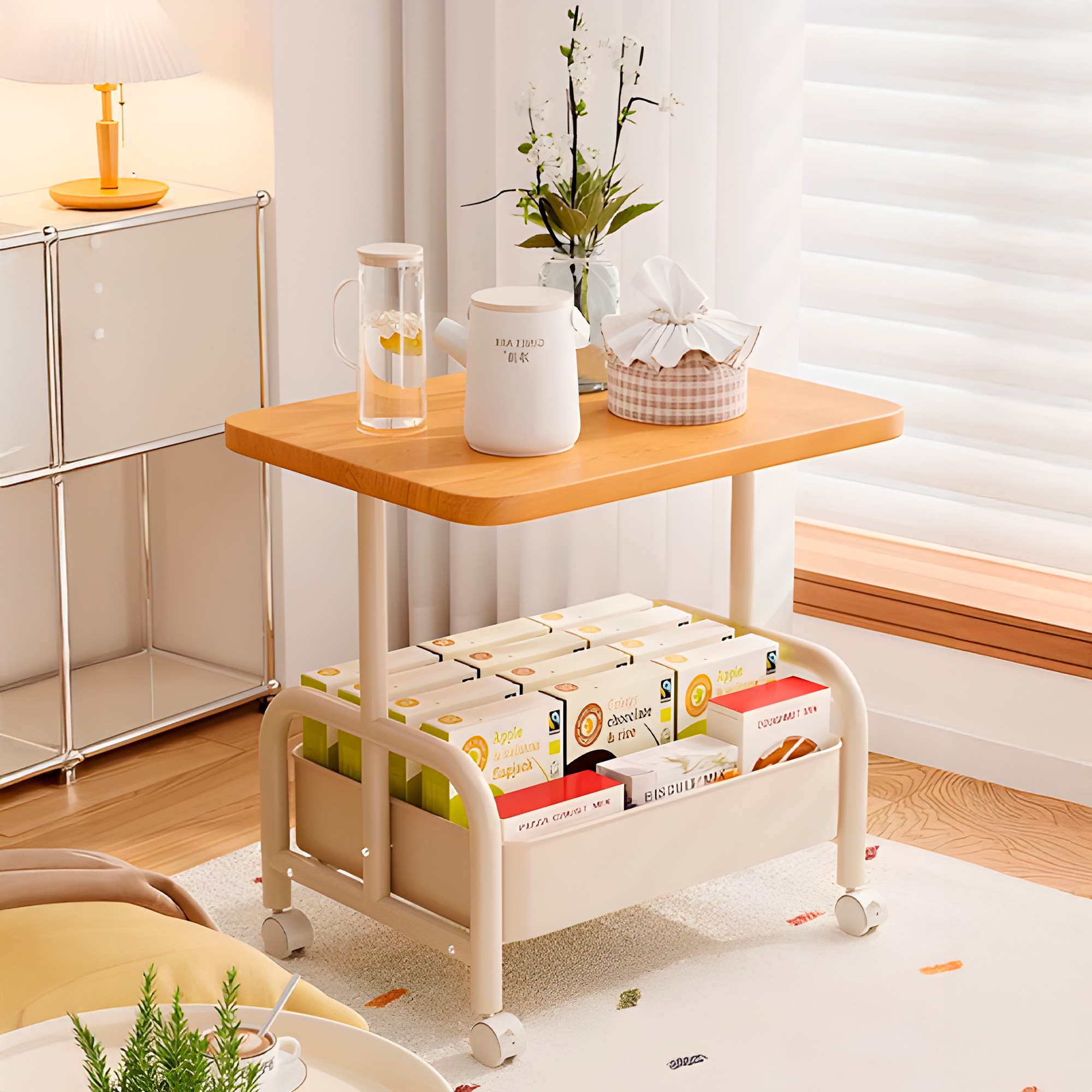 Carrito 2 Niveles Rodante Almacenamiento Tablero Madera 17
