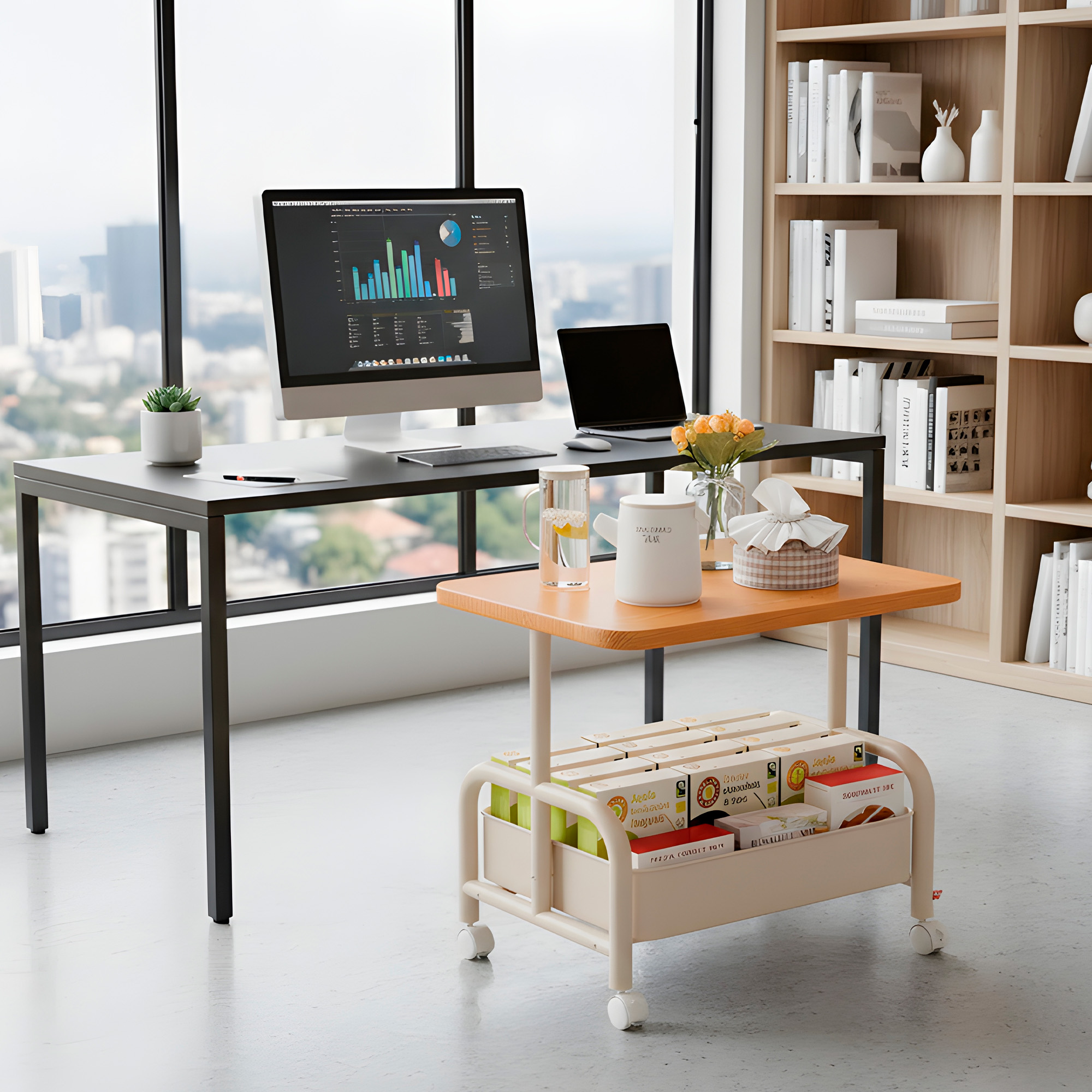 Carrito 2 Niveles Rodante Almacenamiento Tablero Madera 19