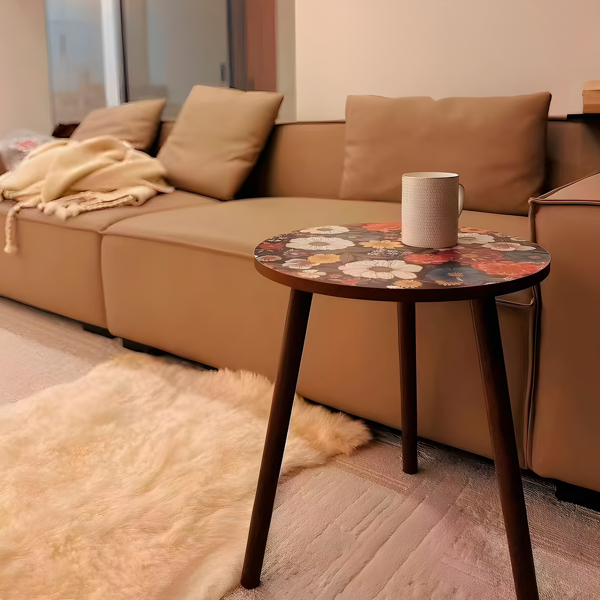 Mesa Centro Living Bohemio Flores Madera Redonda Decorativa 4