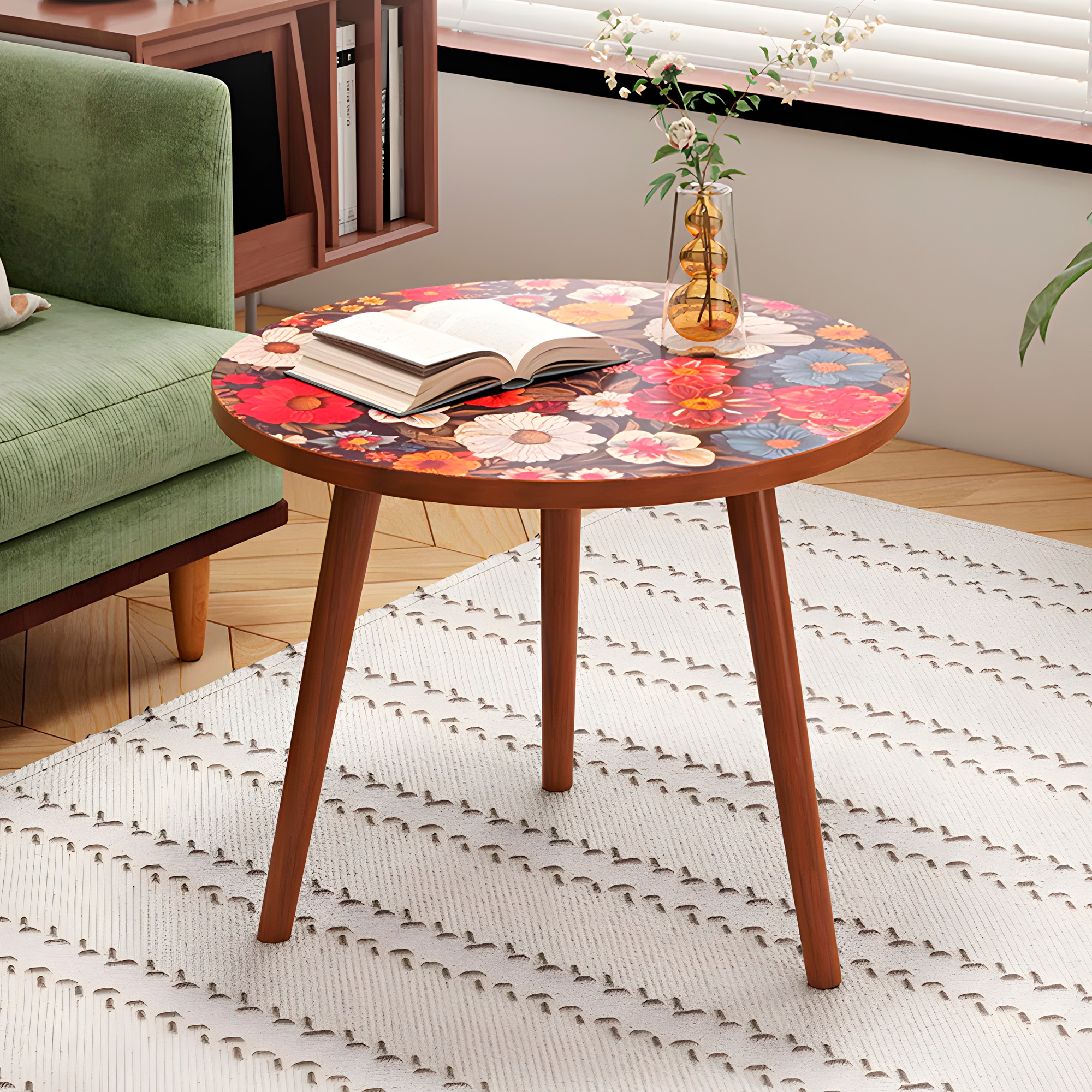 Mesa Centro Living Bohemio Flores Madera Redonda Decorativa 7