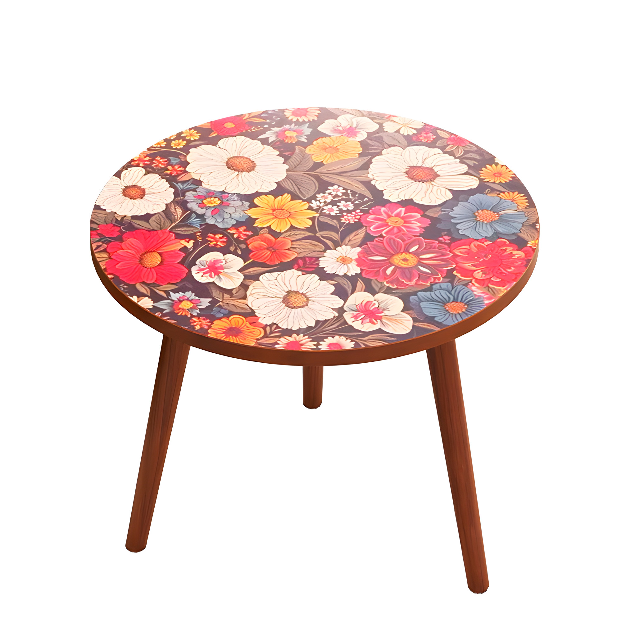 Mesa Centro Living Bohemio Flores Madera Redonda Decorativa 11