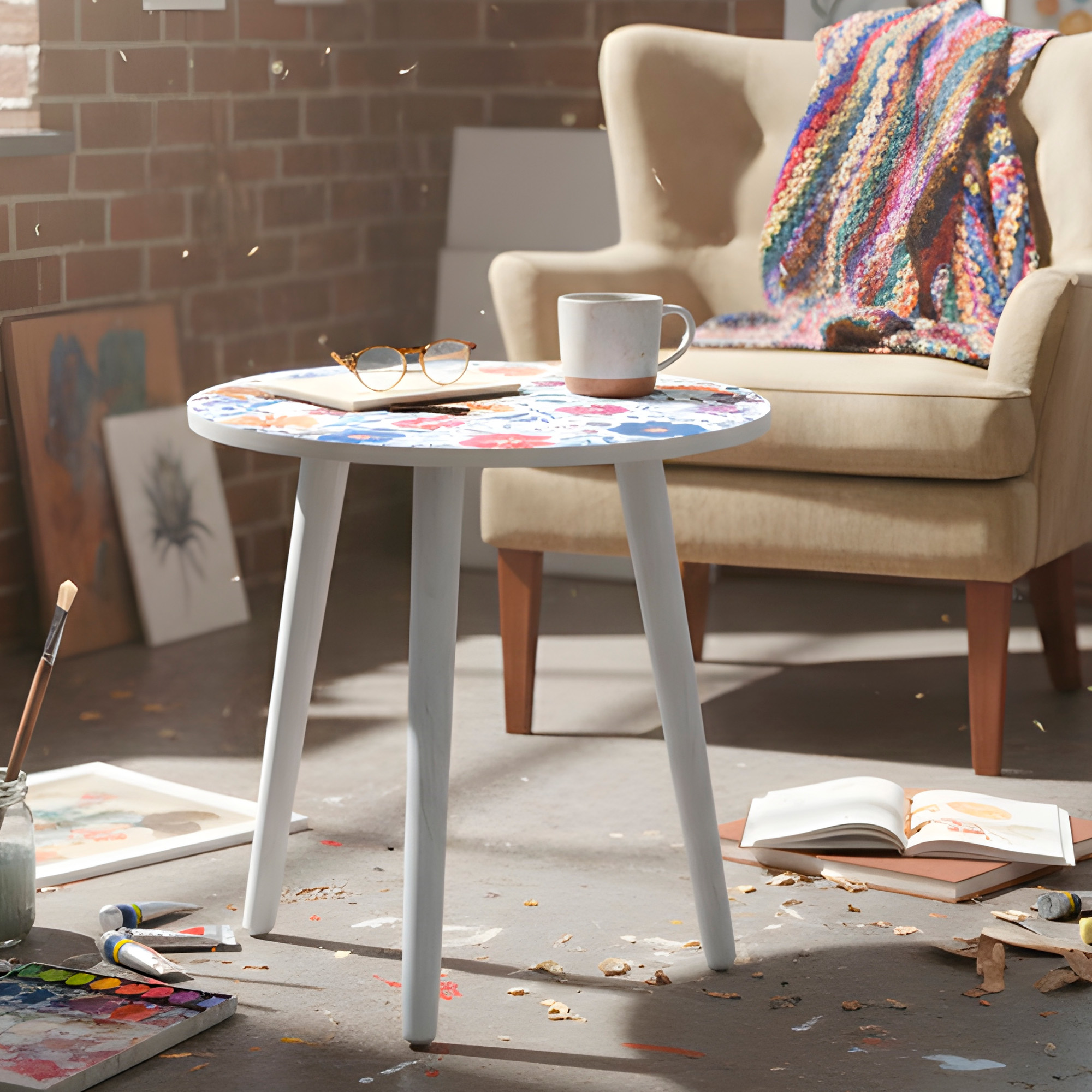 Mesa Centro Living Bohemio Flores Madera Redonda Decorativa 14