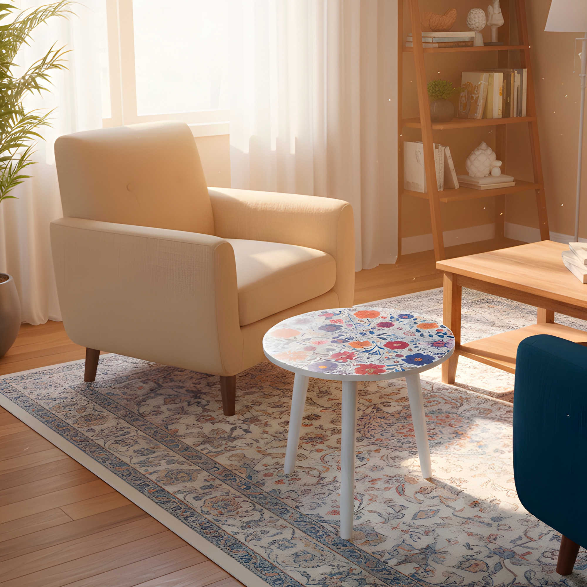 Mesa Centro Living Bohemio Flores Madera Redonda Decorativa 15