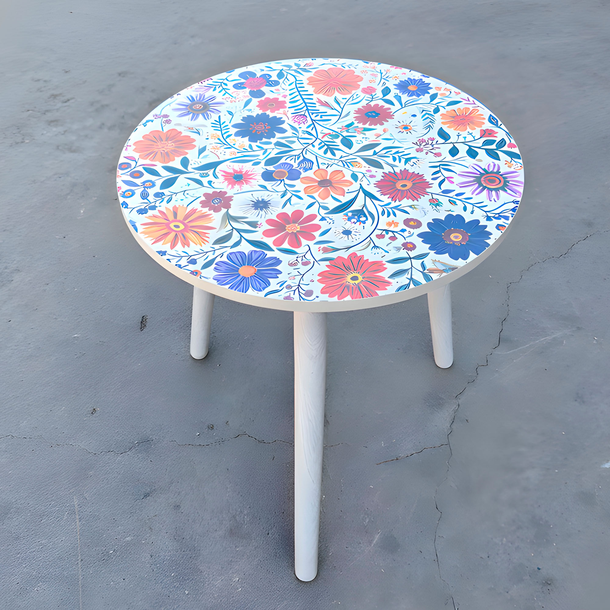 Mesa Centro Living Bohemio Flores Madera Redonda Decorativa 18