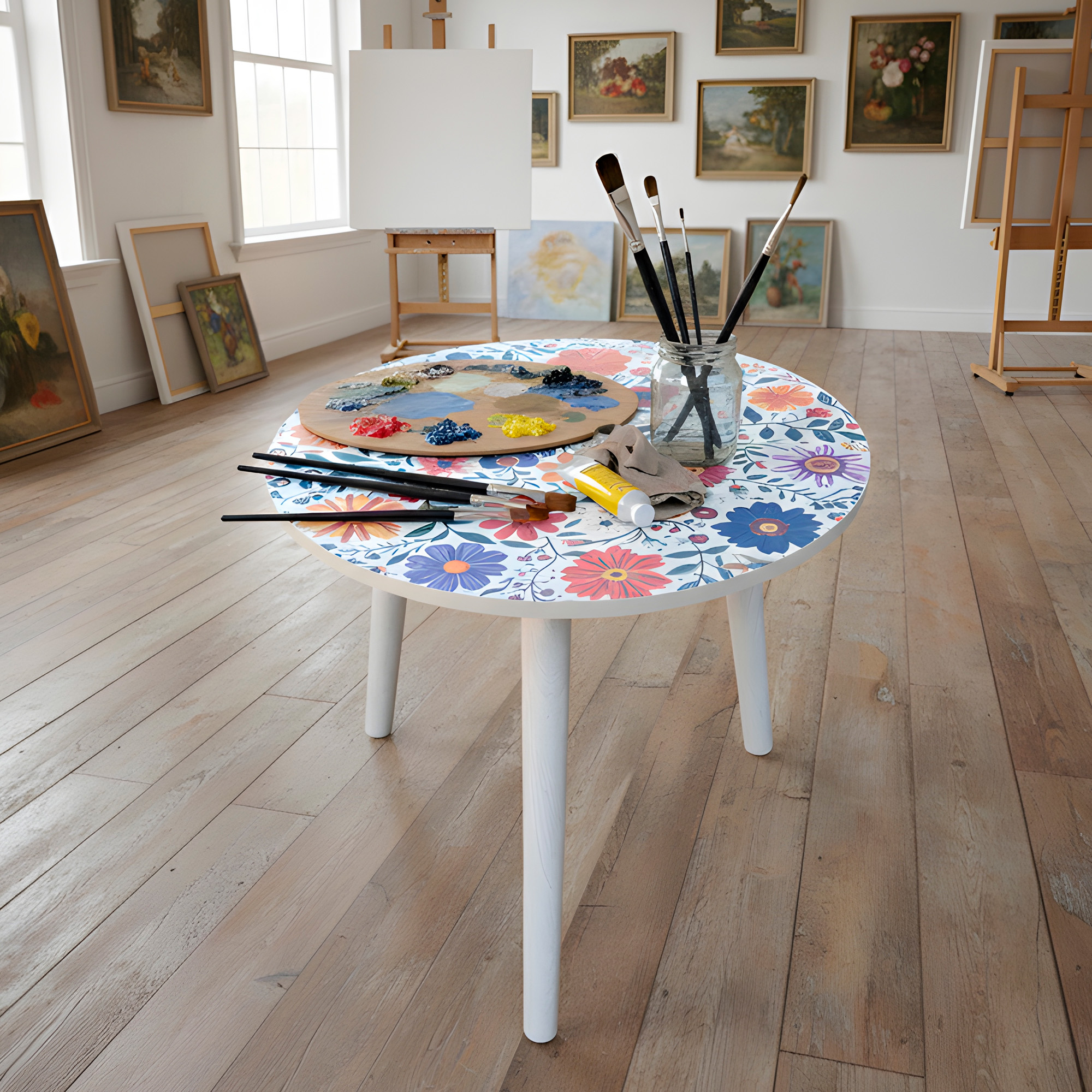 Mesa Centro Living Bohemio Flores Madera Redonda Decorativa 20