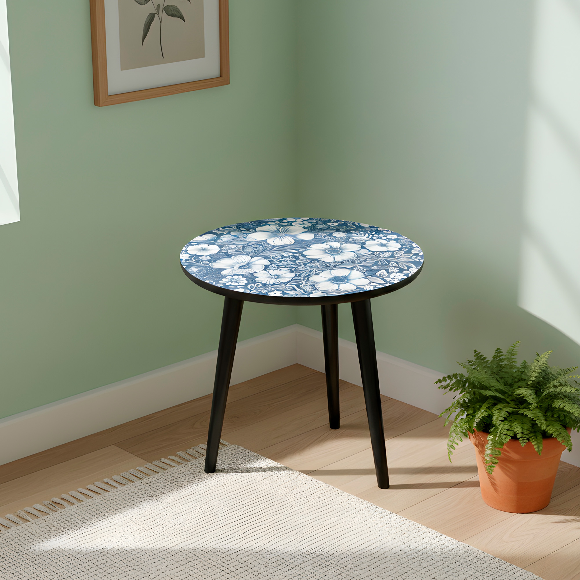 Mesa Centro Living Bohemio Flores Madera Redonda Decorativa 22