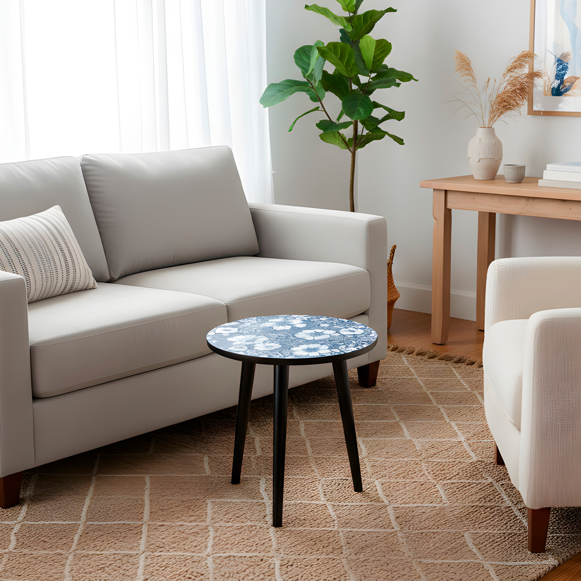 Mesa Centro Living Bohemio Flores Madera Redonda Decorativa 25