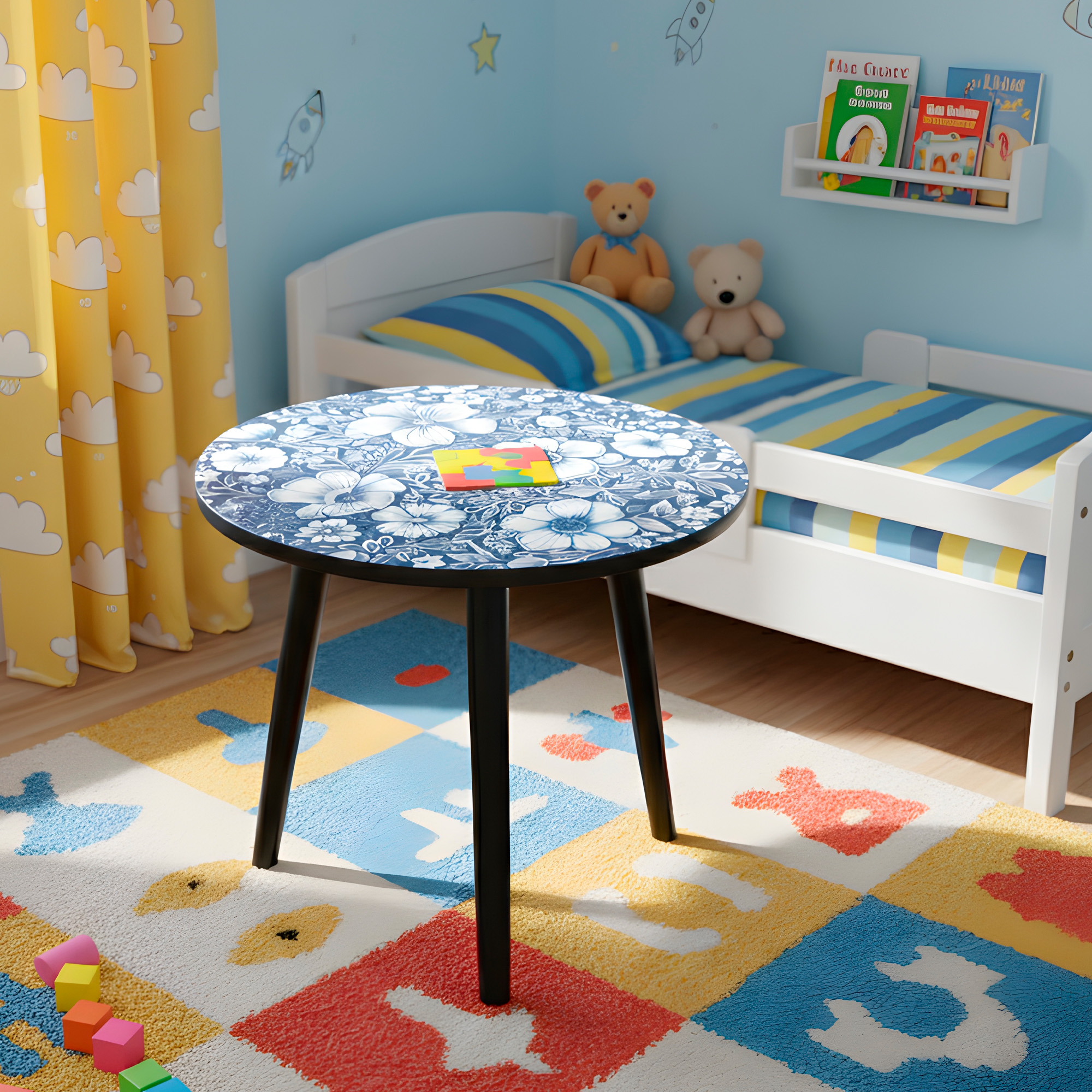 Mesa Centro Living Bohemio Flores Madera Redonda Decorativa 29