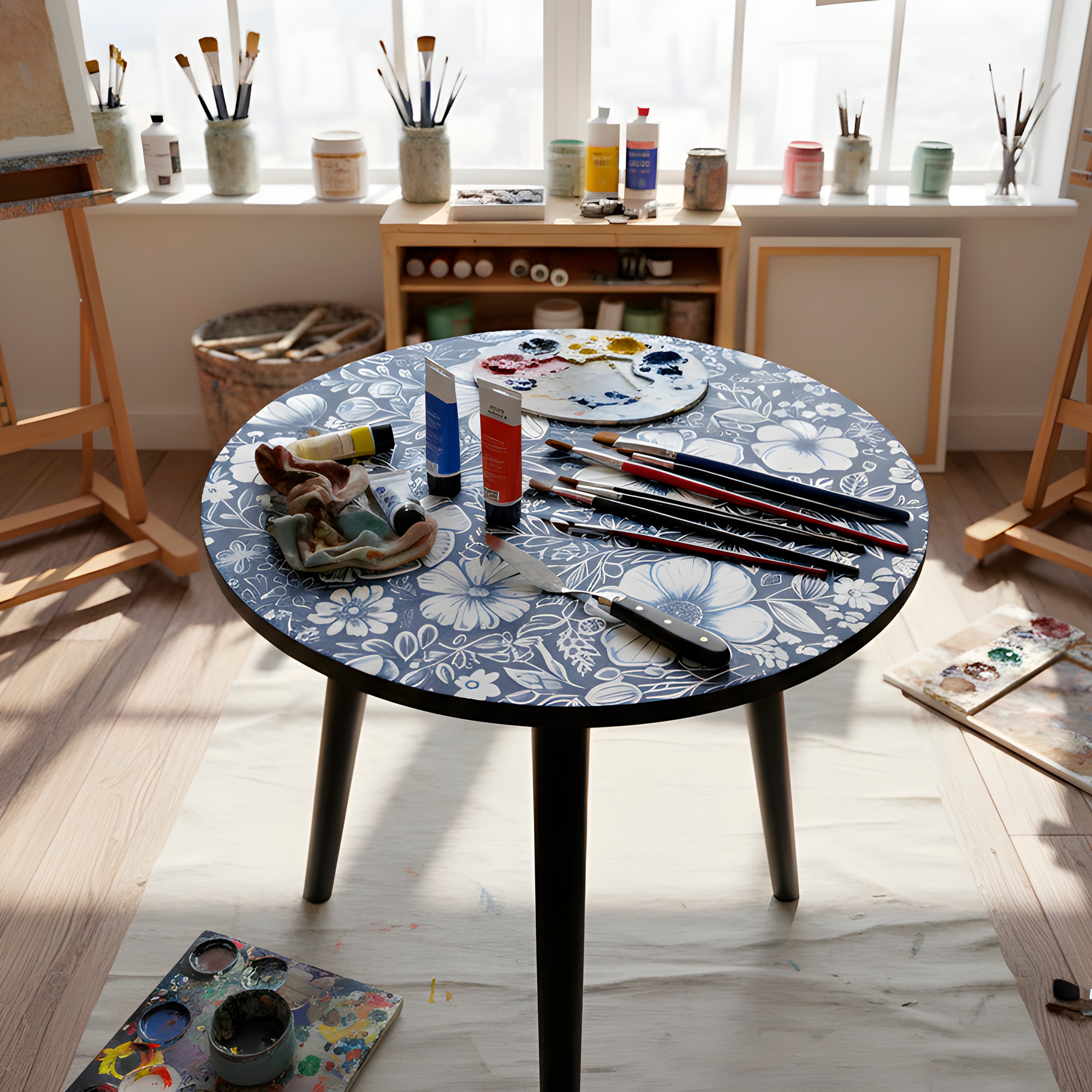 Mesa Centro Living Bohemio Flores Madera Redonda Decorativa 30