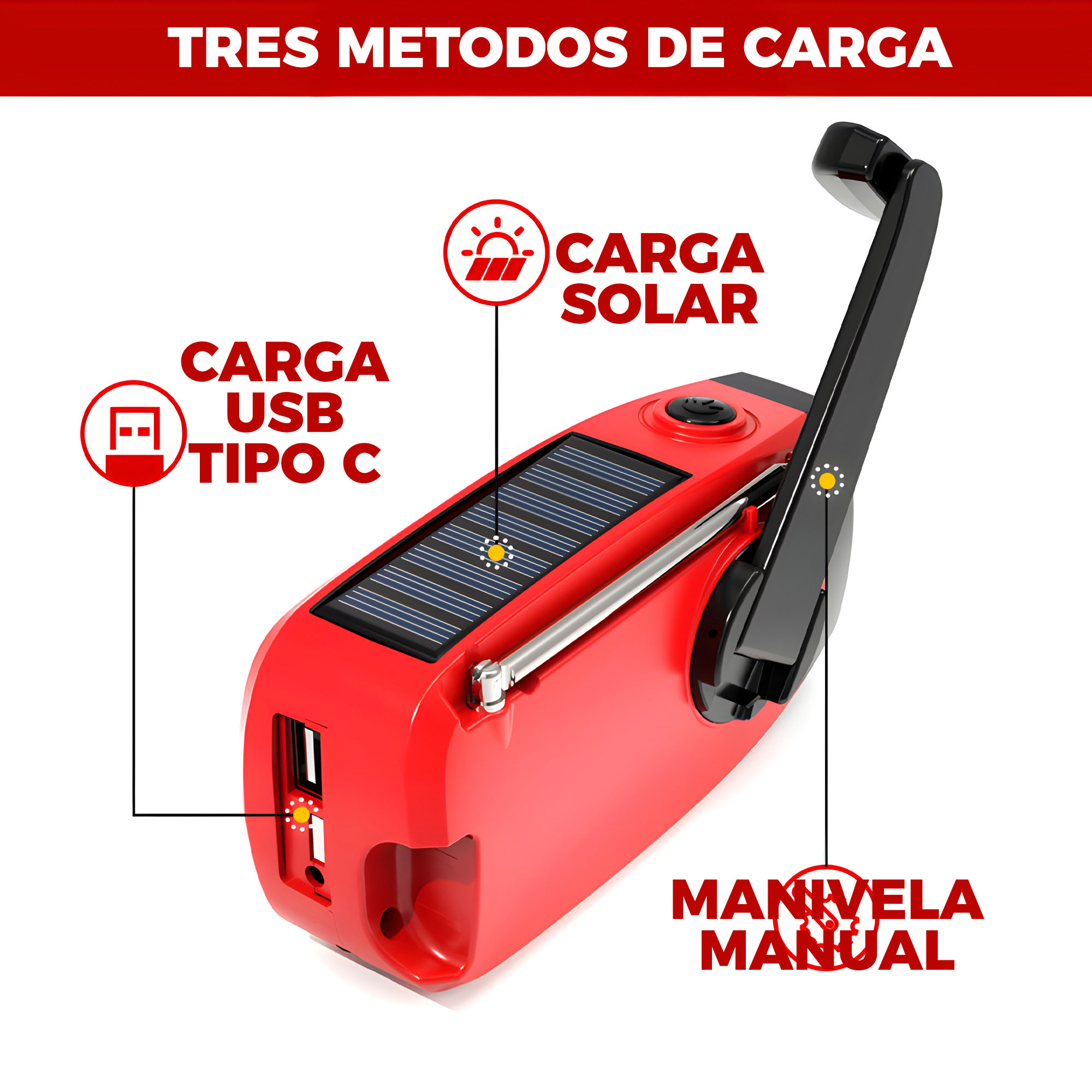 Radio Emergencia Portatil Bateria Manivela Solar Linterna 2000 mAH 3