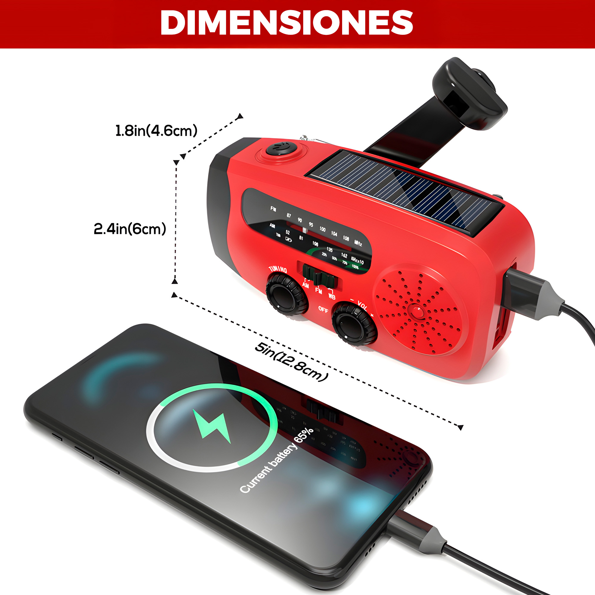 Radio Emergencia Portatil Bateria Manivela Solar Linterna 2000 mAH 4
