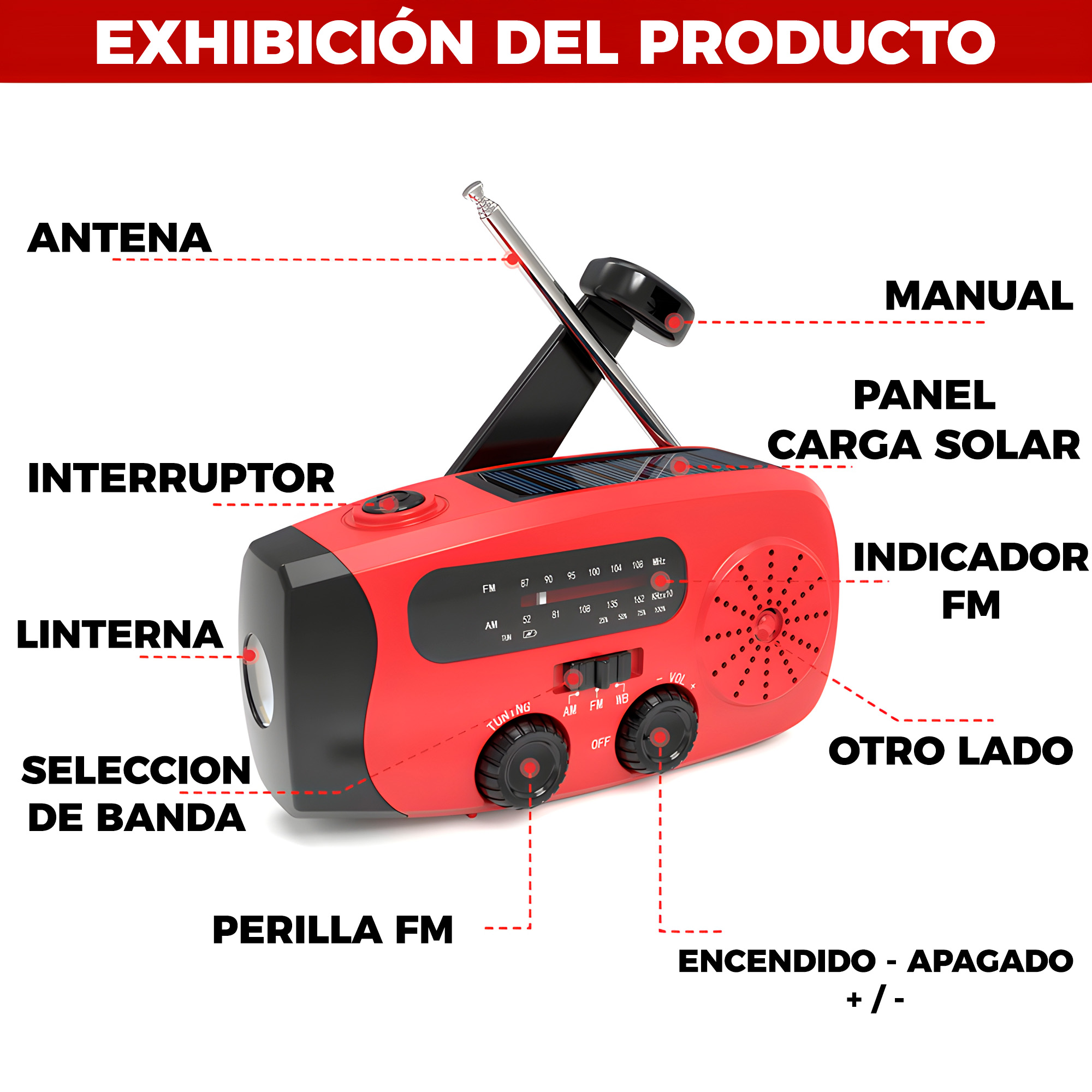 Radio Emergencia Portatil Bateria Manivela Solar Linterna 2000 mAH 5