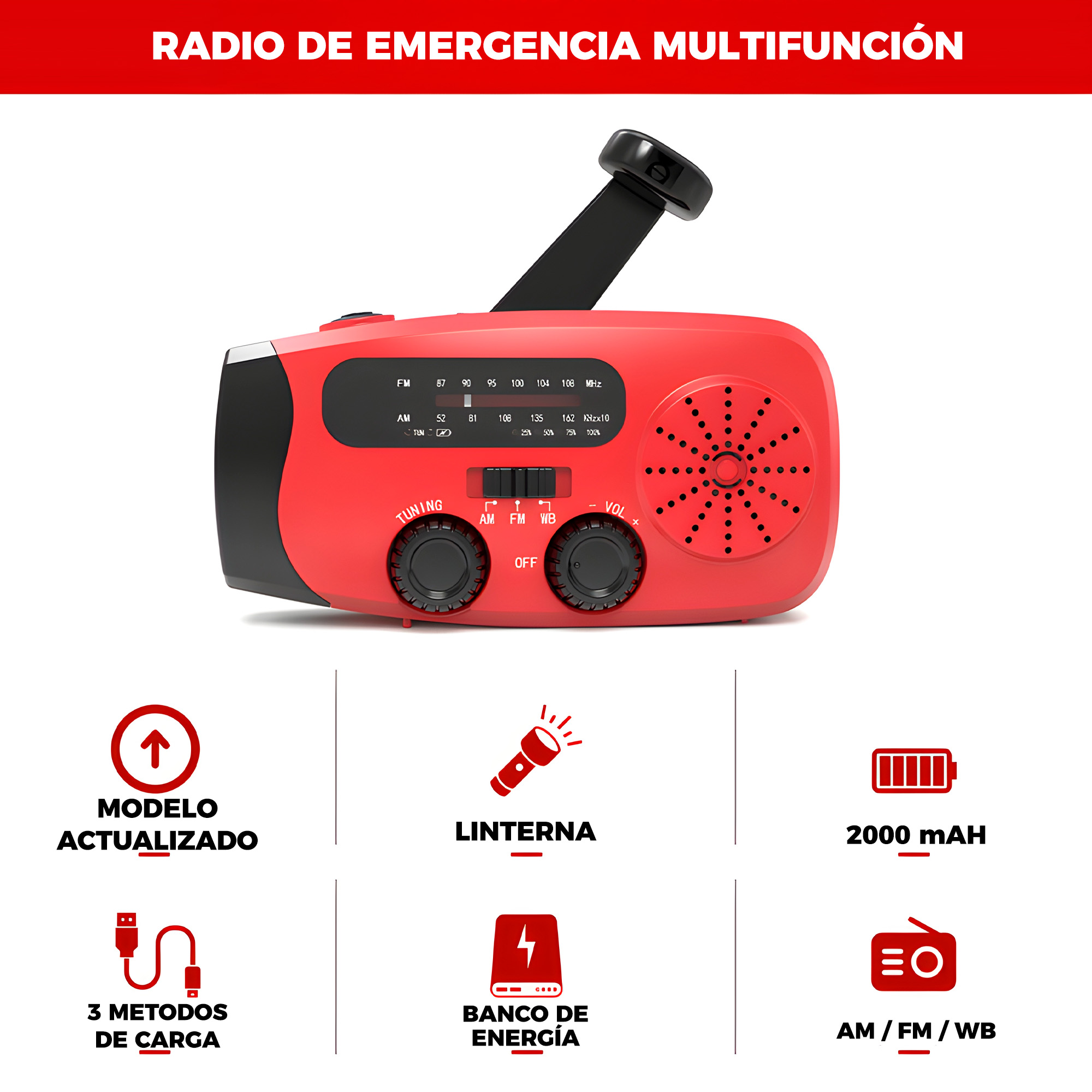 Radio Emergencia Portatil Bateria Manivela Solar Linterna 2000 mAH 9