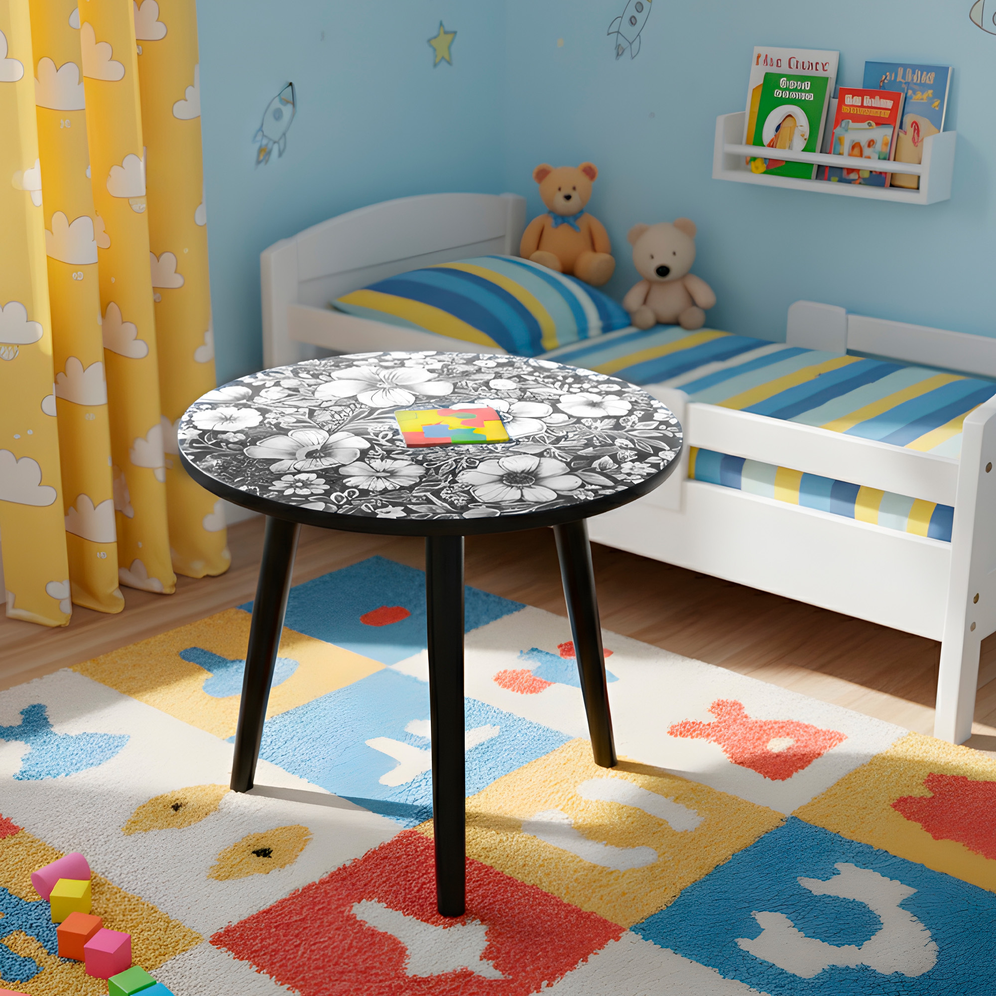 Mesa Centro Living Bohemio Flores Madera Redonda Decorativa 24