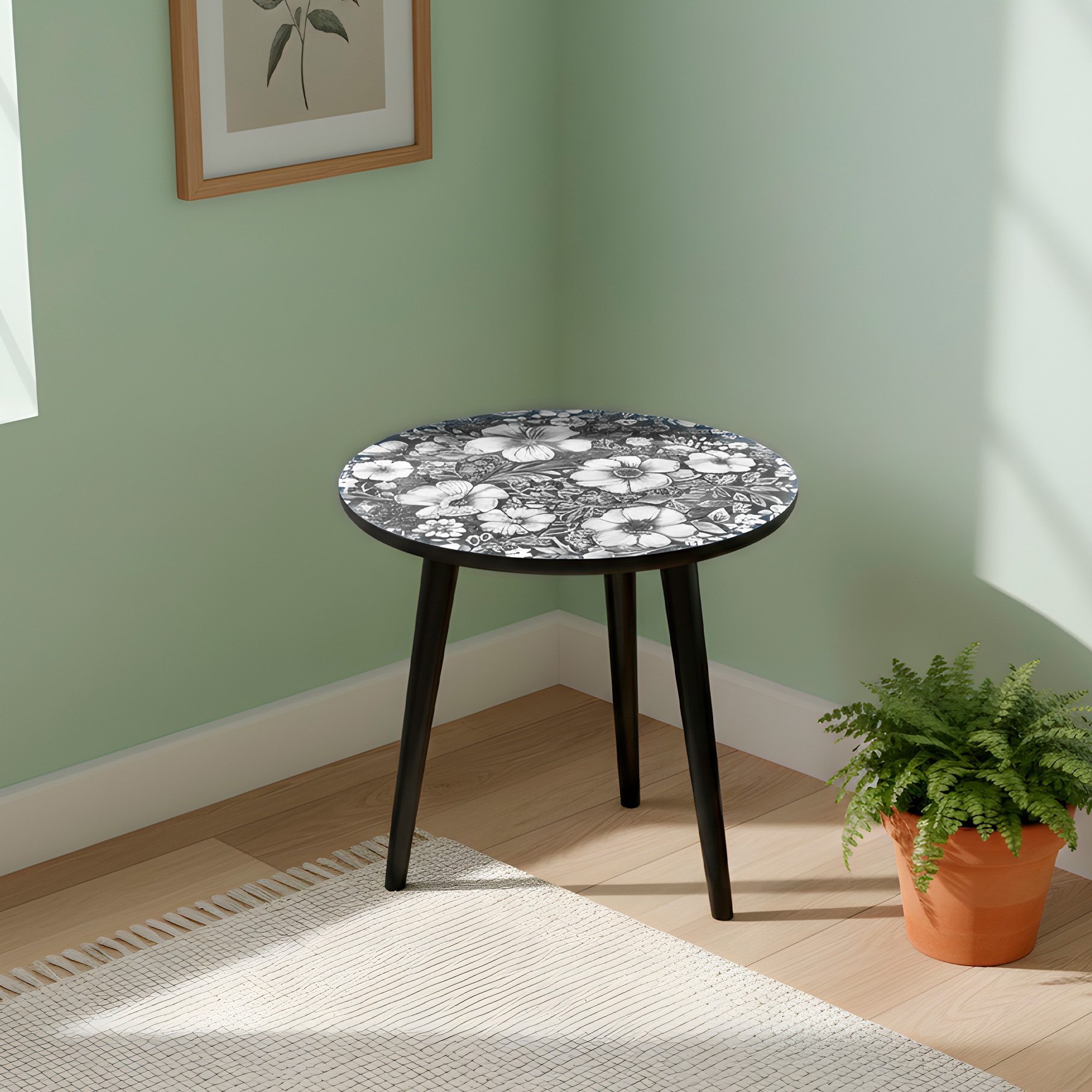 Mesa Centro Living Bohemio Flores Madera Redonda Decorativa 25