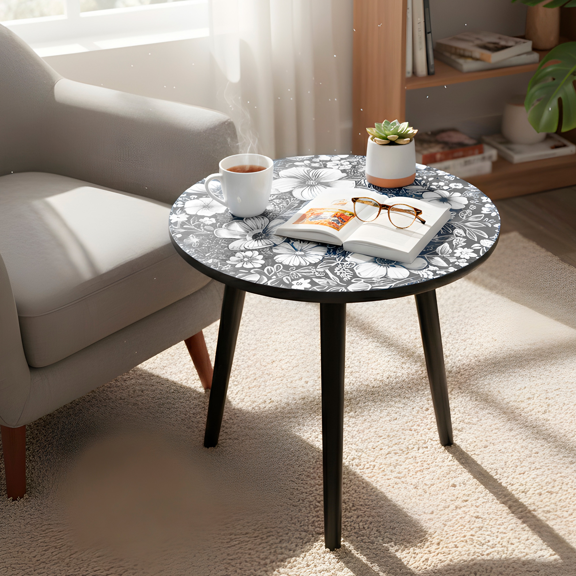 Mesa Centro Living Bohemio Flores Madera Redonda Decorativa 26