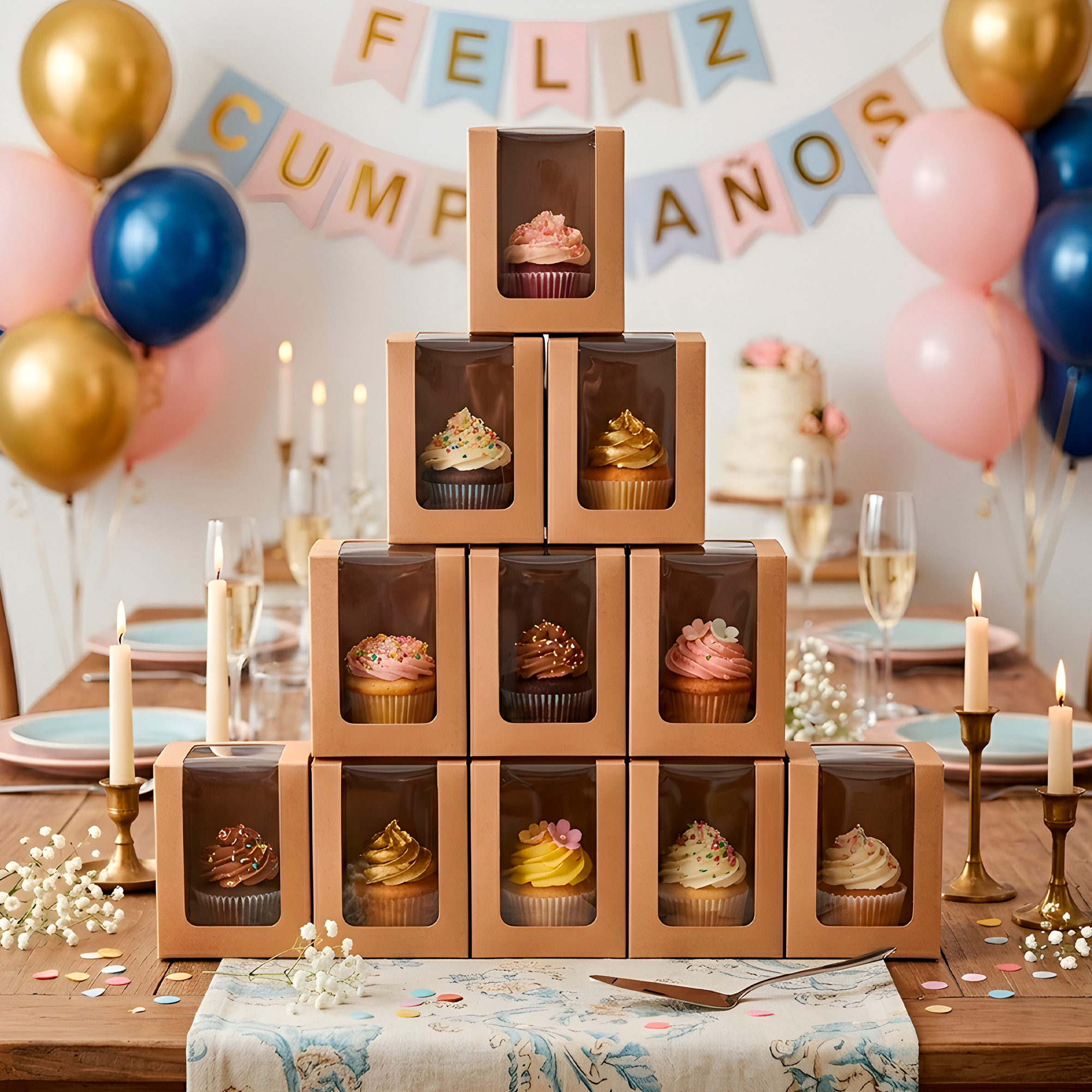 Caja Cajita Kraft Colores Velas Dulces Tortas Cupcake Visor 8X8X10 CM 10