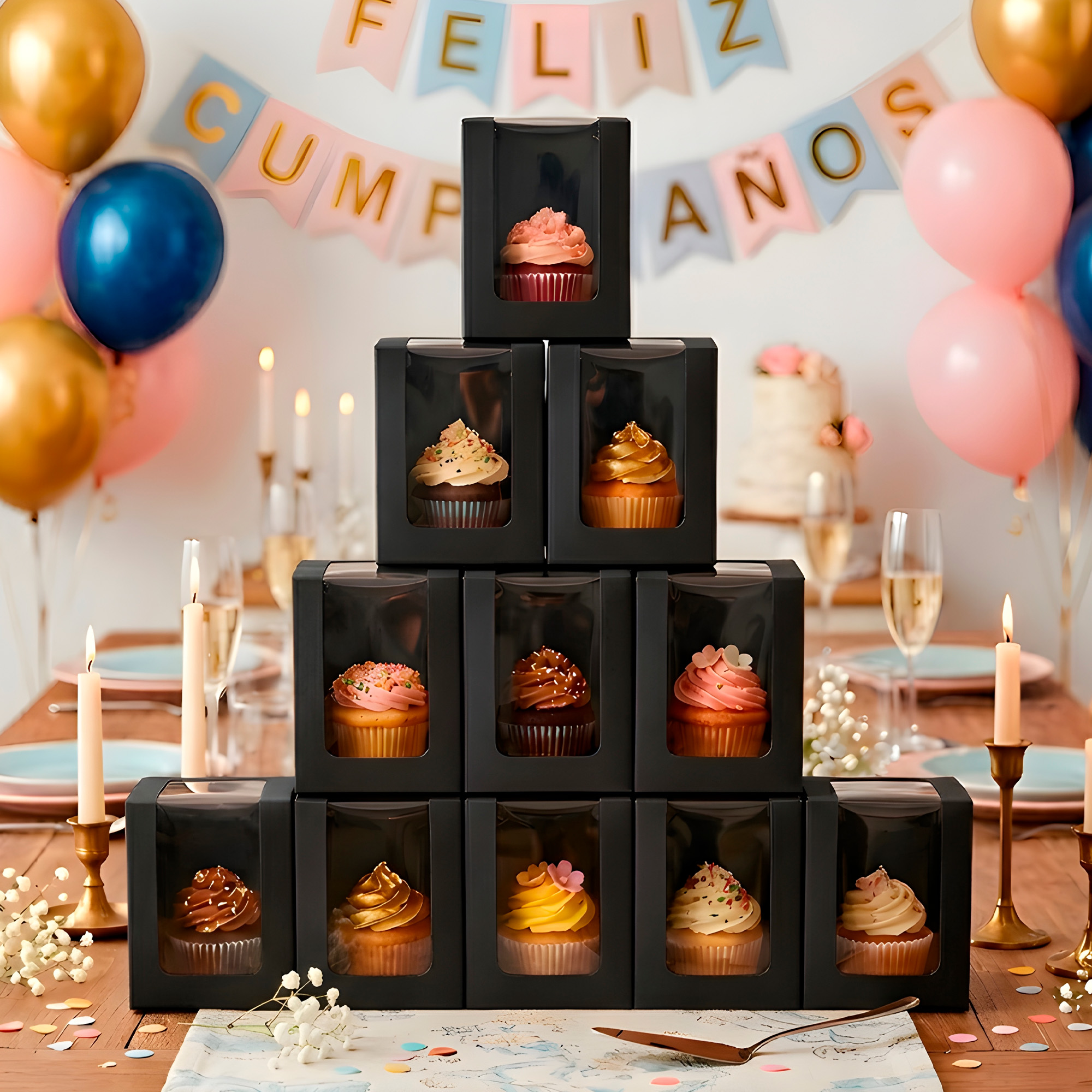 Caja Cajita Kraft Colores Velas Dulces Tortas Cupcake Visor 8X8X10 CM 14