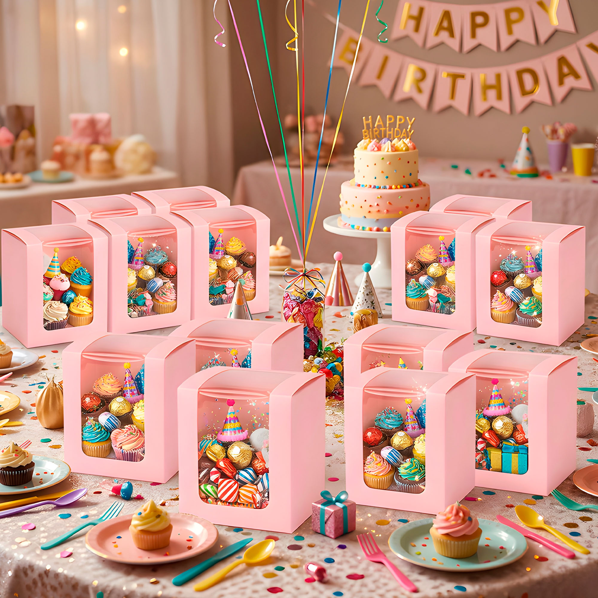 Caja Cajita Kraft Colores Velas Dulces Tortas Cupcake Visor 8X8X10 CM 22