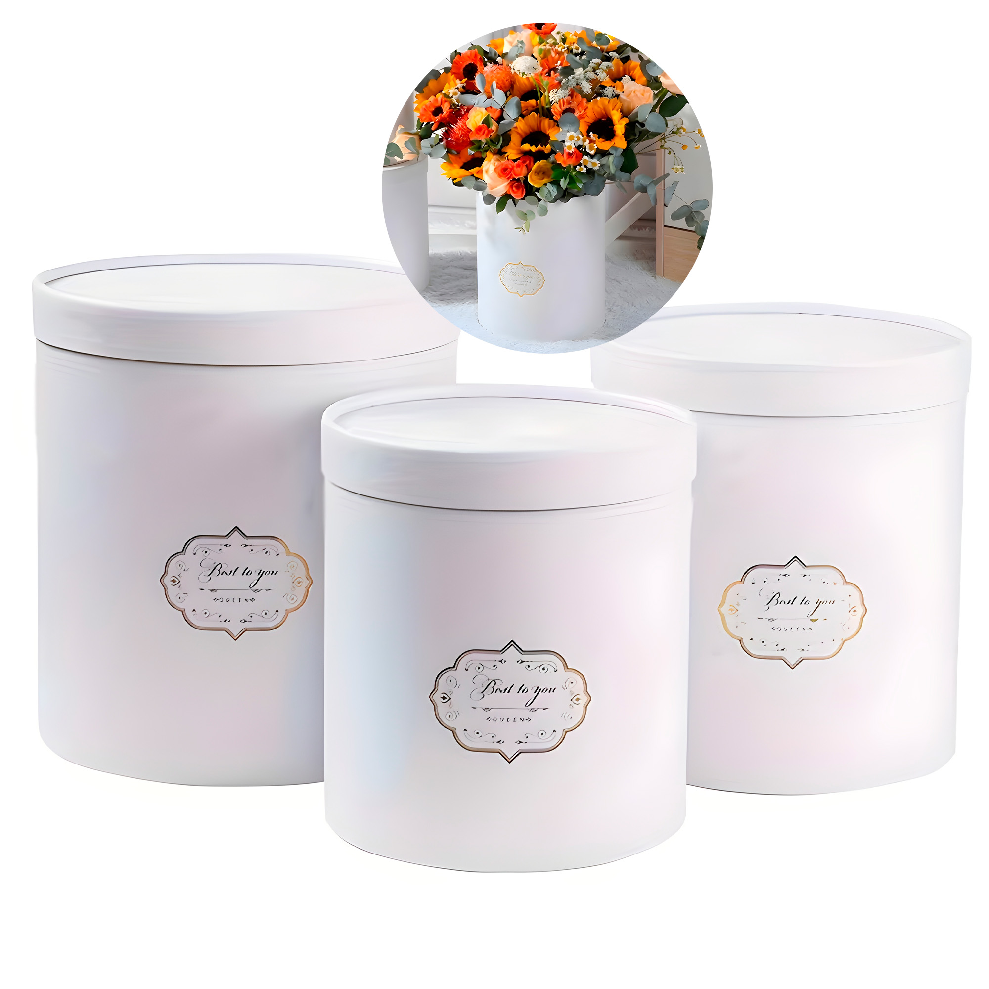 Set 3 Cajas Kraft Cilindrico Ramo de Flores Decoración Fiestas Colores 14
