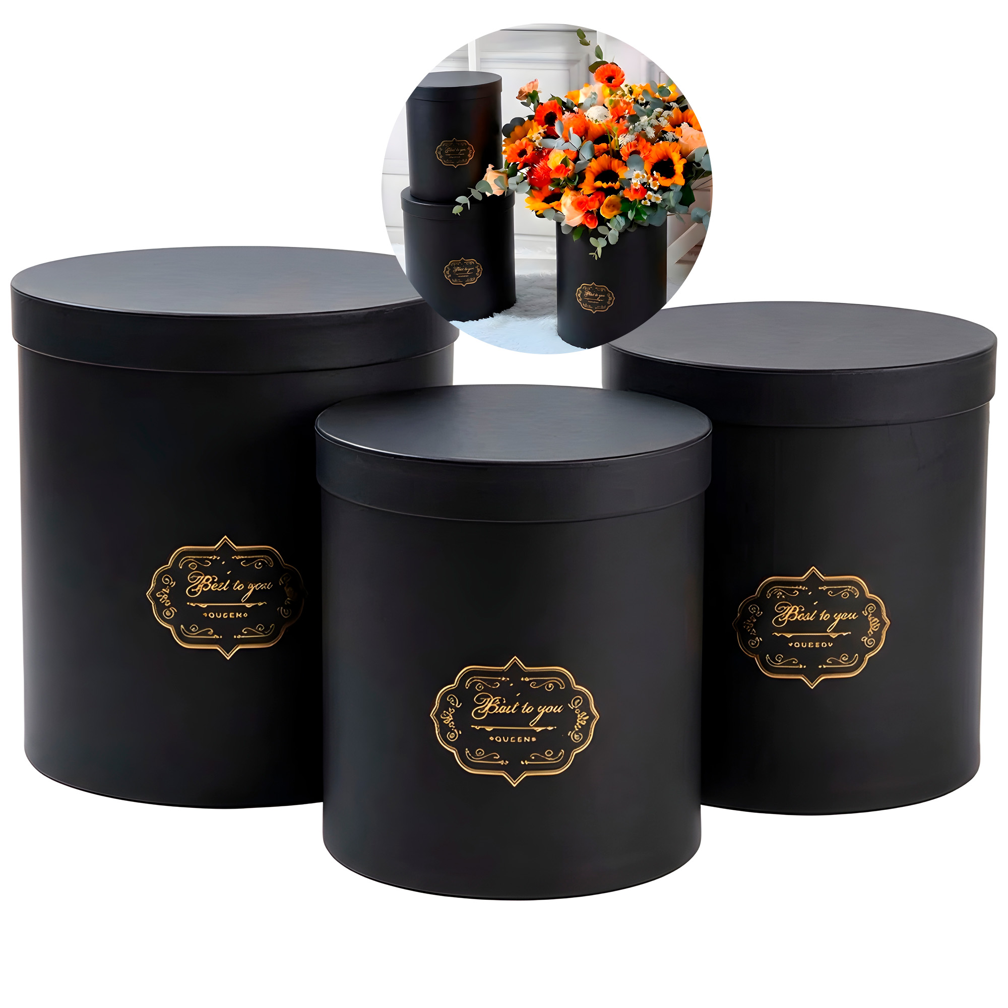 Set 3 Cajas Kraft Cilindrico Ramo de Flores Decoración Fiestas Colores 12