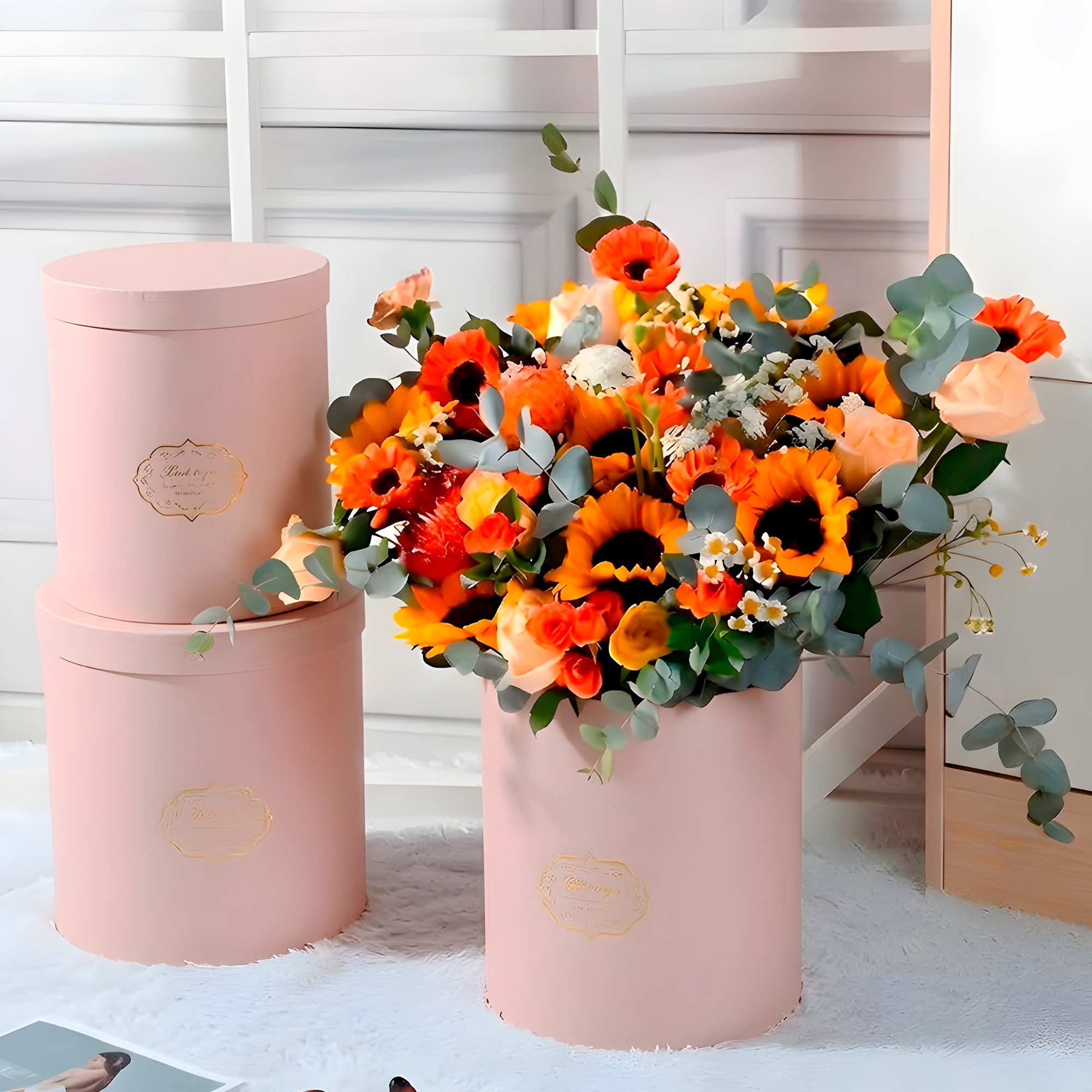 Set 3 Cajas Kraft Cilindrico Ramo de Flores Decoración Fiestas Colores 7