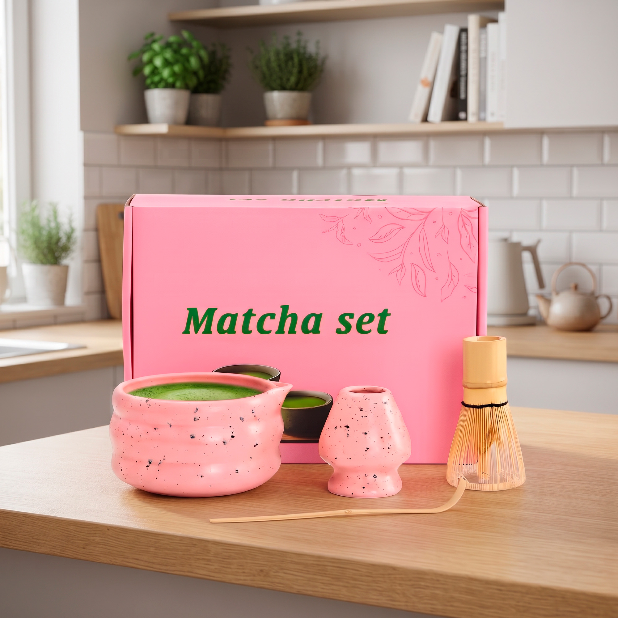 Set De Té Matcha Rosa Estilo Japonés Con Batidor Bambu Y Tazón Ceramico 4