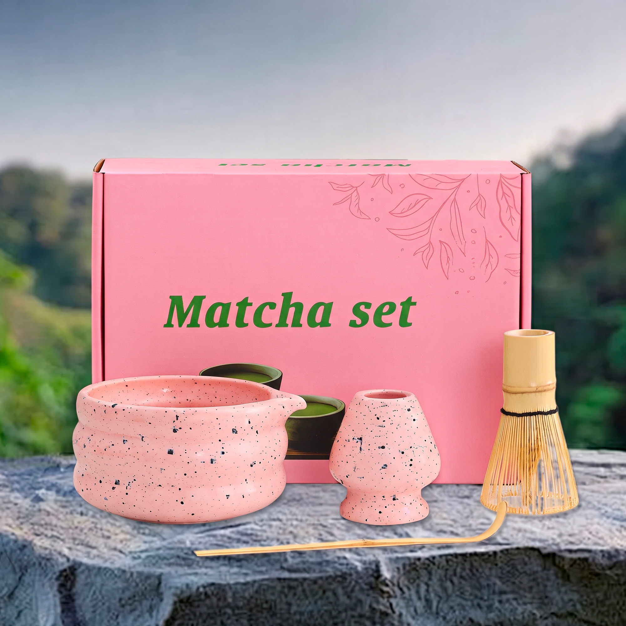 Set De Té Matcha Rosa Estilo Japonés Con Batidor Bambu Y Tazón Ceramico 6