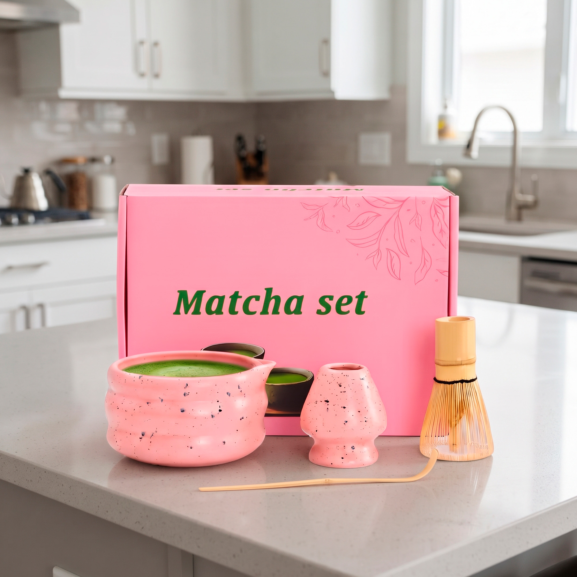 Set De Té Matcha Rosa Estilo Japonés Con Batidor Bambu Y Tazón Ceramico 8