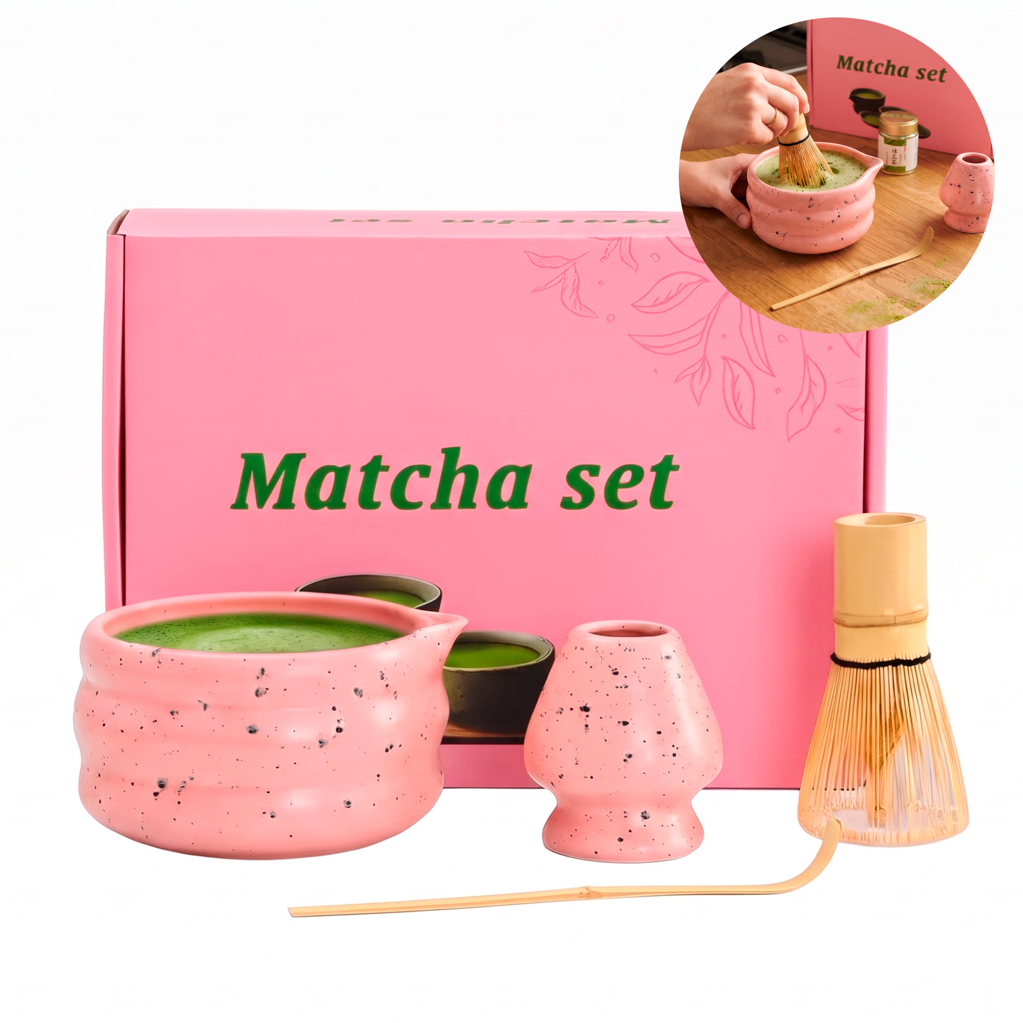 Set De Té Matcha Rosa Estilo Japonés Con Batidor Bambu Y Tazón Ceramico 1