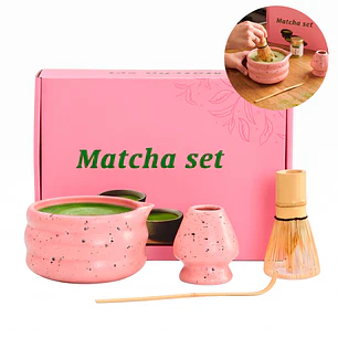 Set De Té Matcha Rosa Estilo Japonés Con Batidor Bambu Y Tazón Ceramico