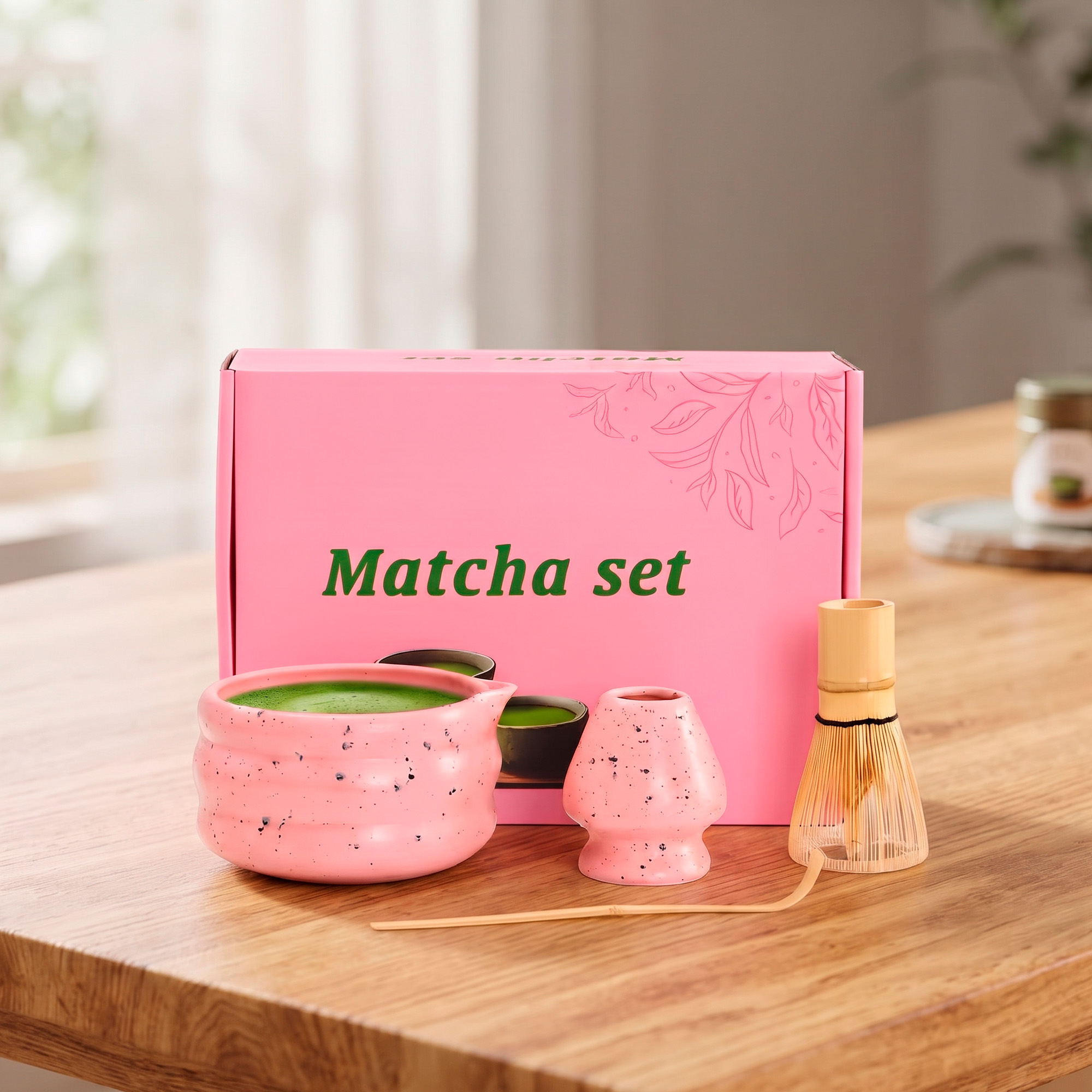 Set De Té Matcha Rosa Estilo Japonés Con Batidor Bambu Y Tazón Ceramico 9